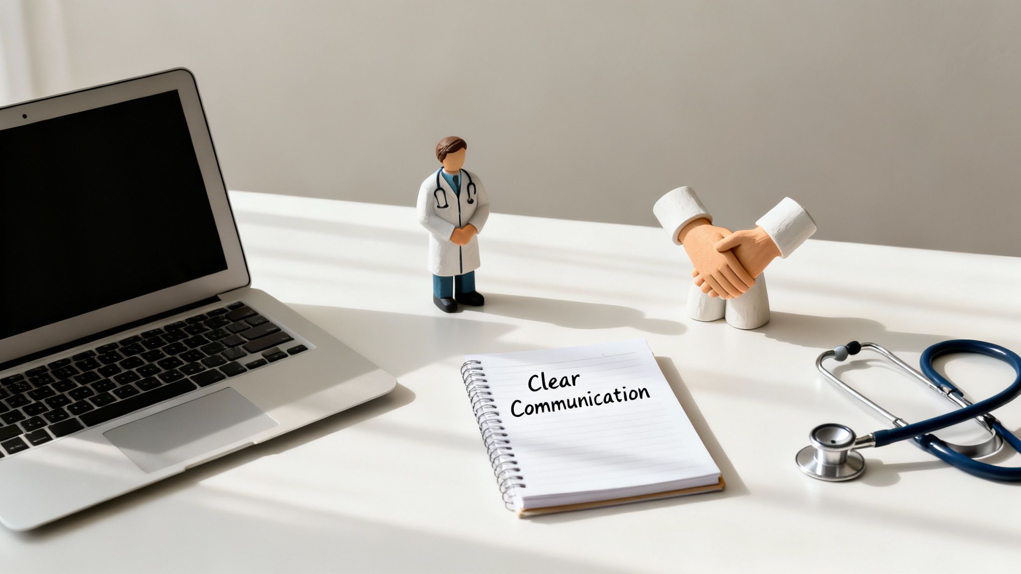 A doctor figurine, handshake sculpture, notebook with 'Clear Communication', laptop, and stethoscope on a white desk.