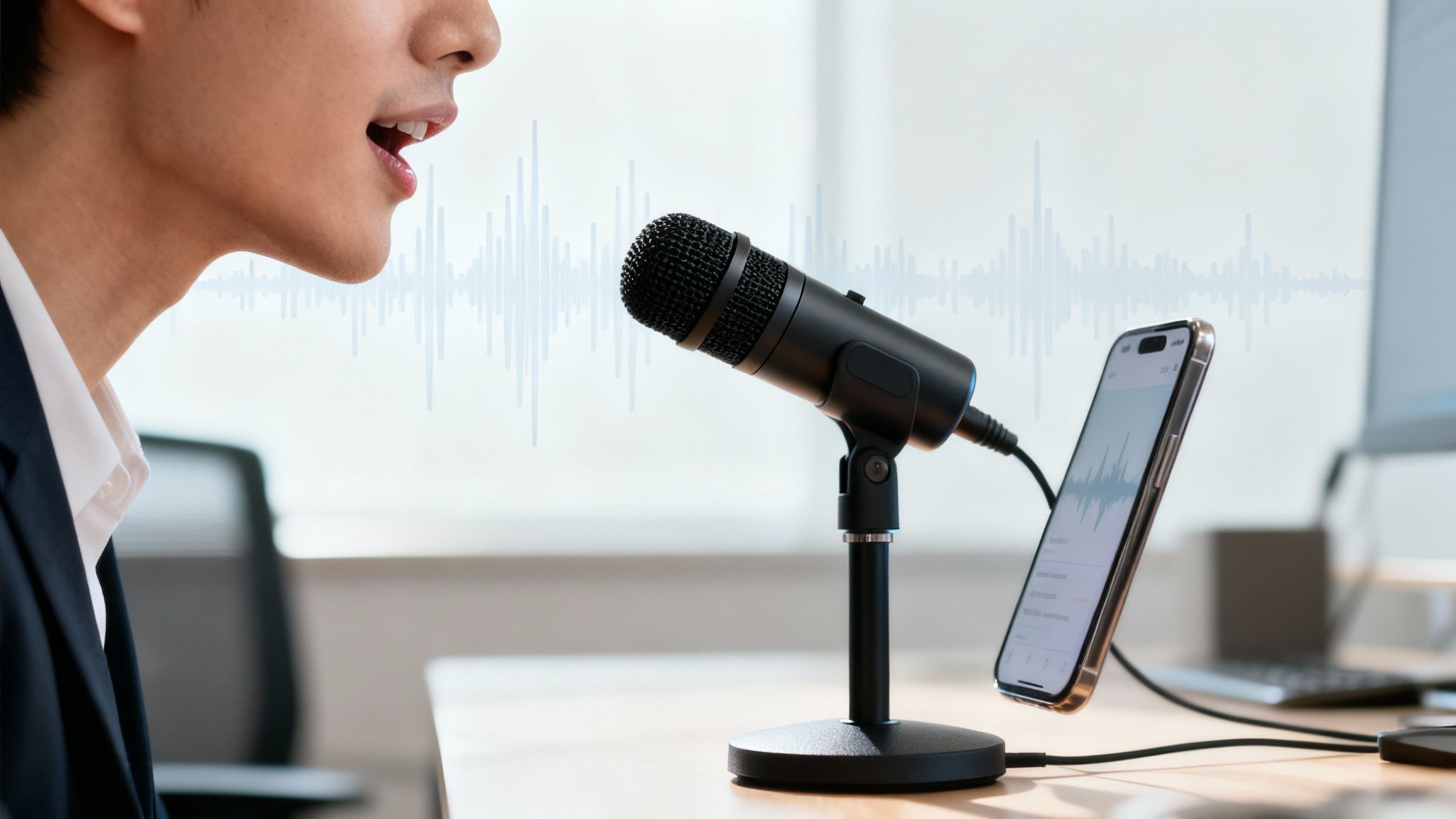 A person speaks into a microphone, with a smartphone displaying sound waves for recording.