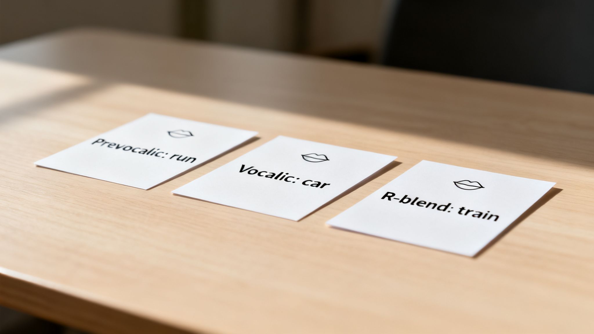 Three white flashcards on a light wooden table show examples for 'R' sound pronunciation therapy.