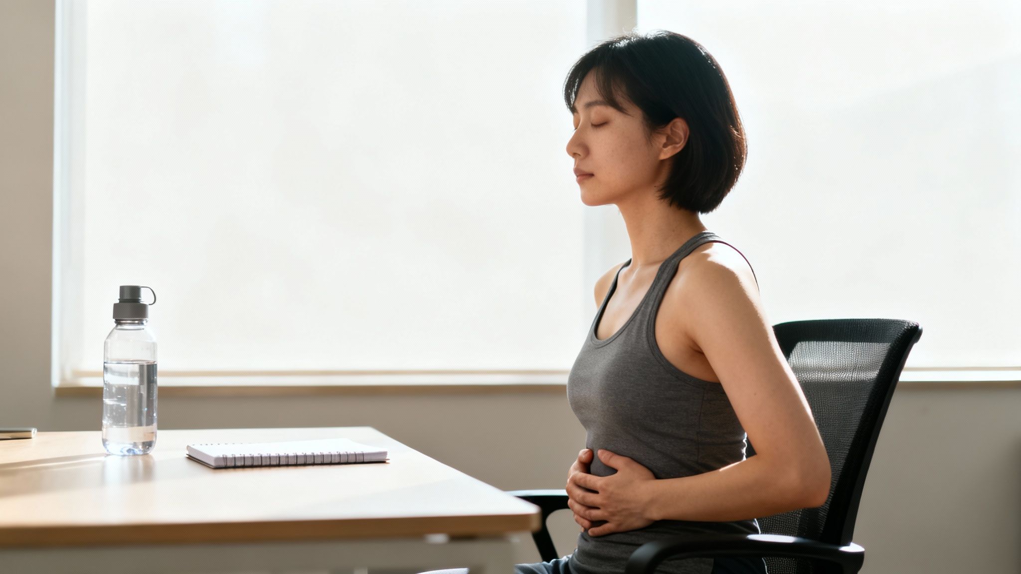 A young woman practices deep breathing or meditation at a desk, eyes closed, hands on her stomach.