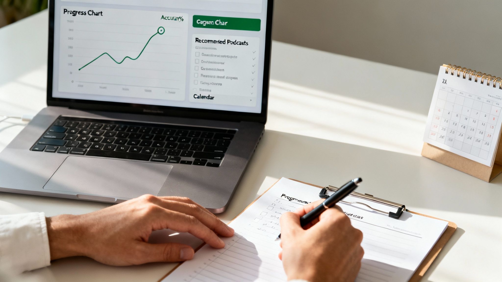 A person works at a desk, writing on a clipboard next to a laptop showing a progress chart.
