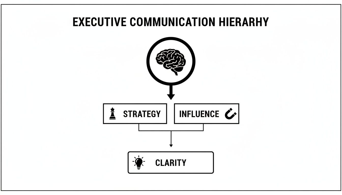 A flowchart illustrating the Executive Communication Hierarchy, showing brain leading to Strategy and Influence, resulting in Clarity.
