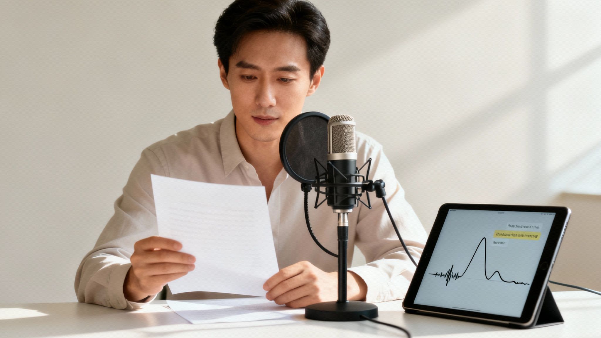 Young man records a podcast, holding a script while a microphone and tablet are on the desk.