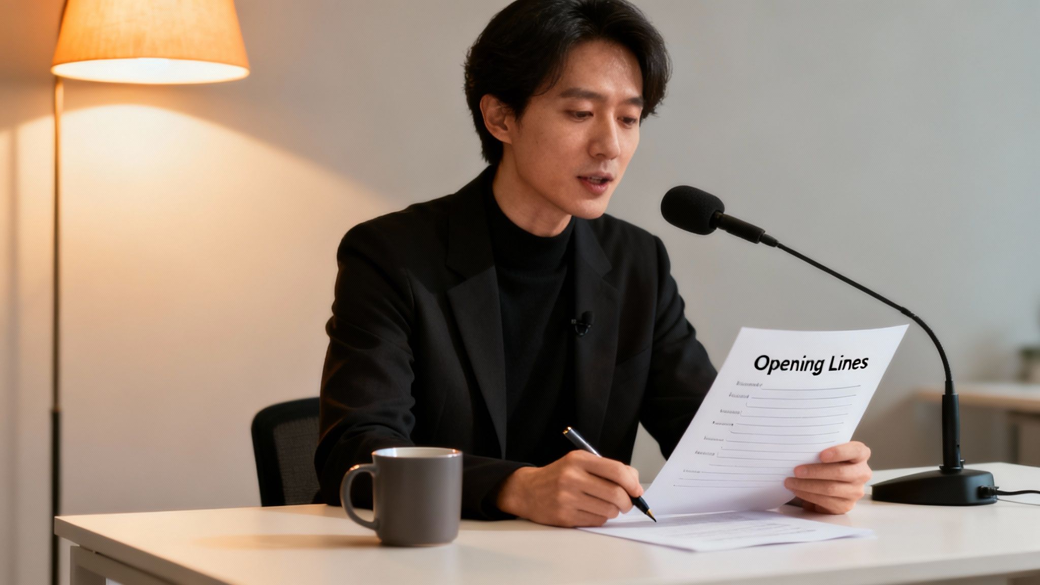A man practices a speech at a desk, holding 'Opening Lines' notes and speaking into a microphone.