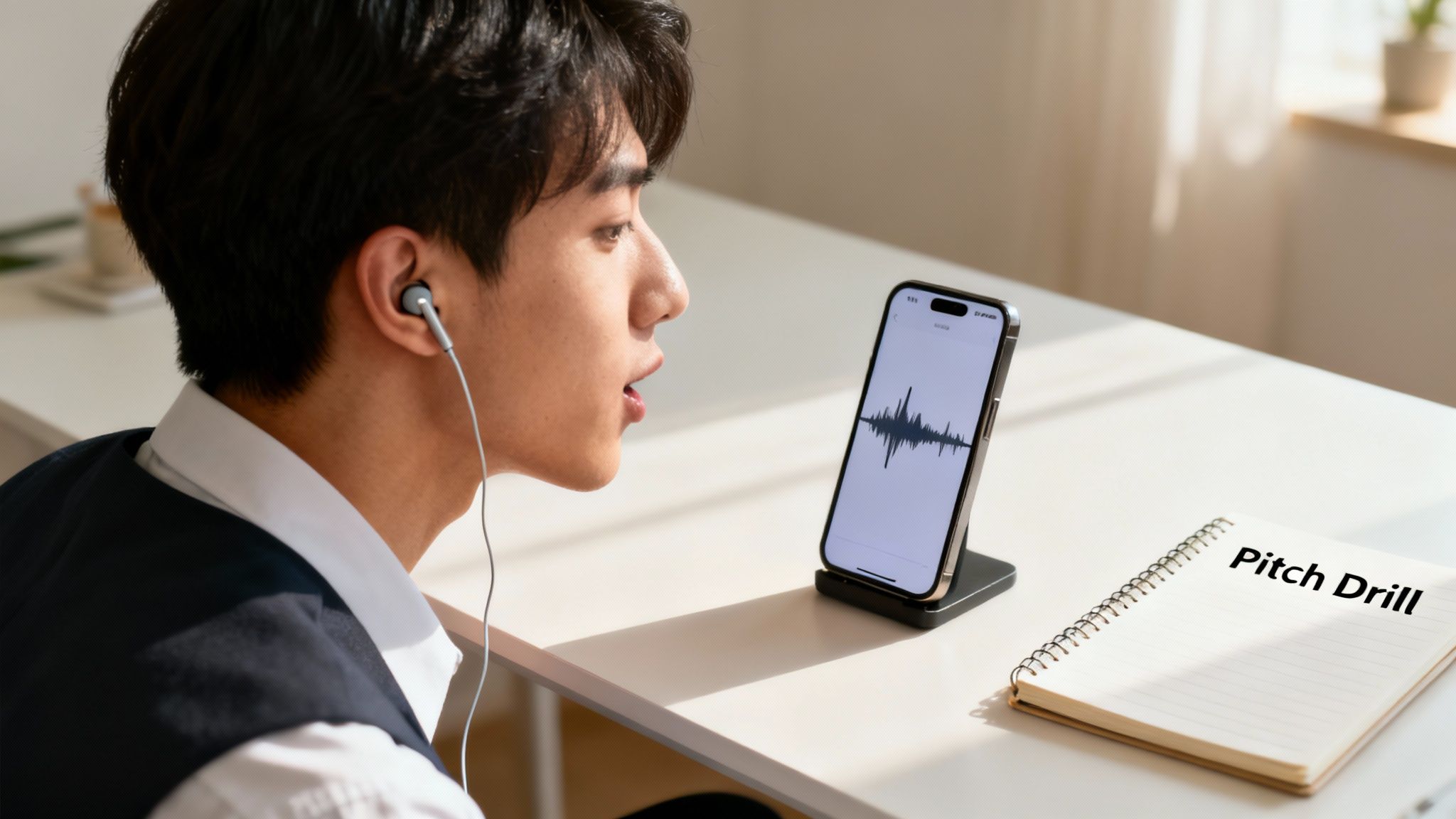 Asian man practices vocal pitch using a smartphone app showing sound waves and a 'Pitch Drill' notebook.