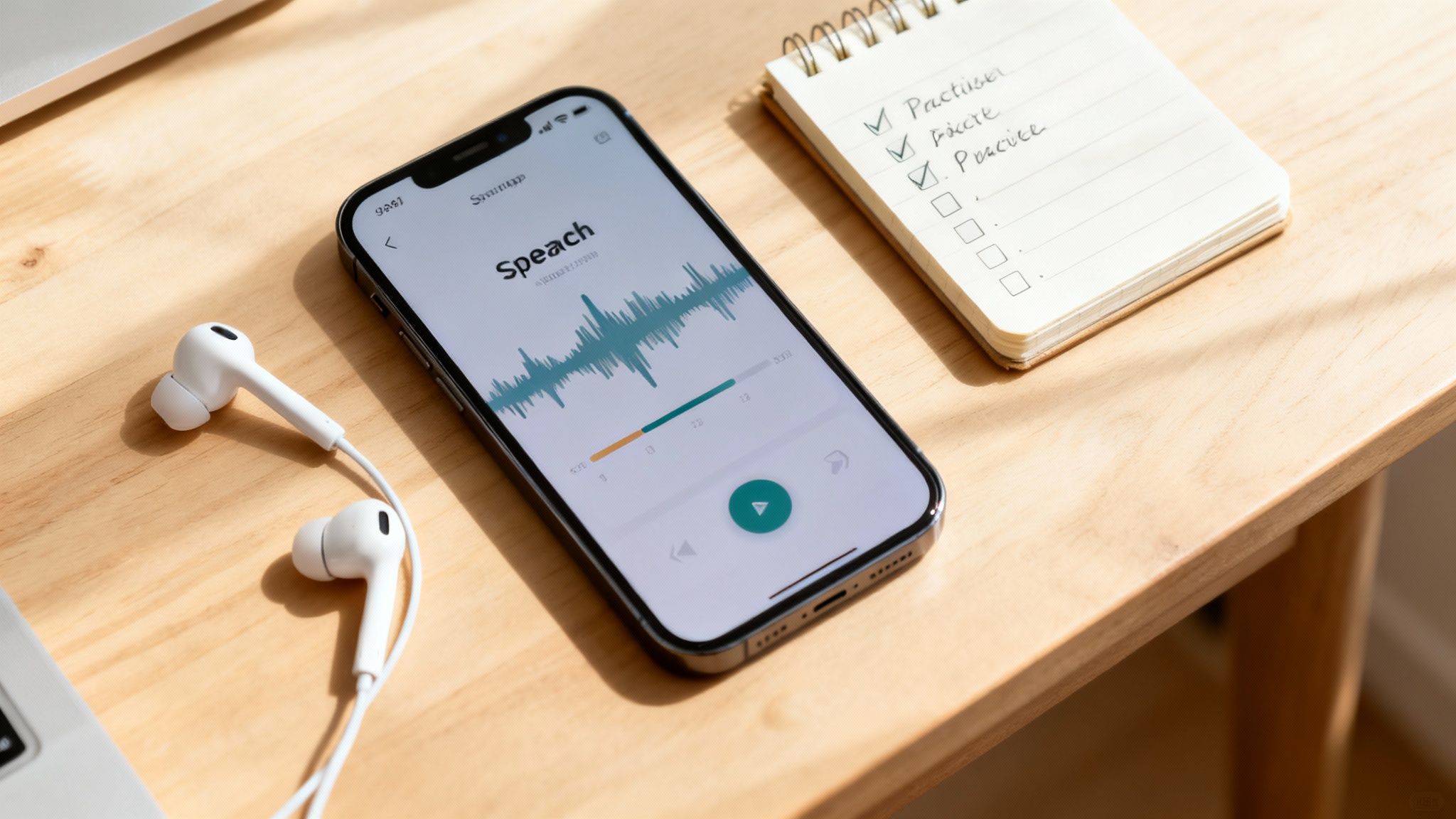Flat lay of a phone displaying a 'Speech' app, white earbuds, and a checklist notebook on a wooden desk.