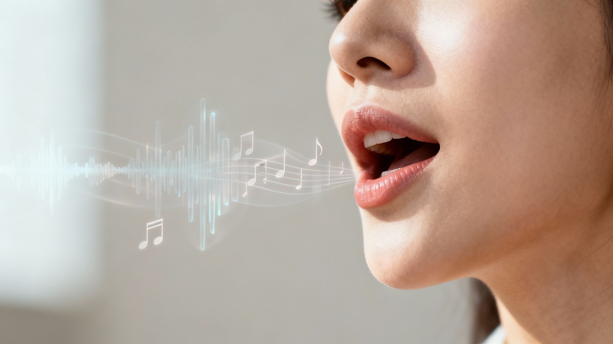 Close-up of a person's mouth emitting sound waves and musical notes, symbolizing vocal performance or speech.