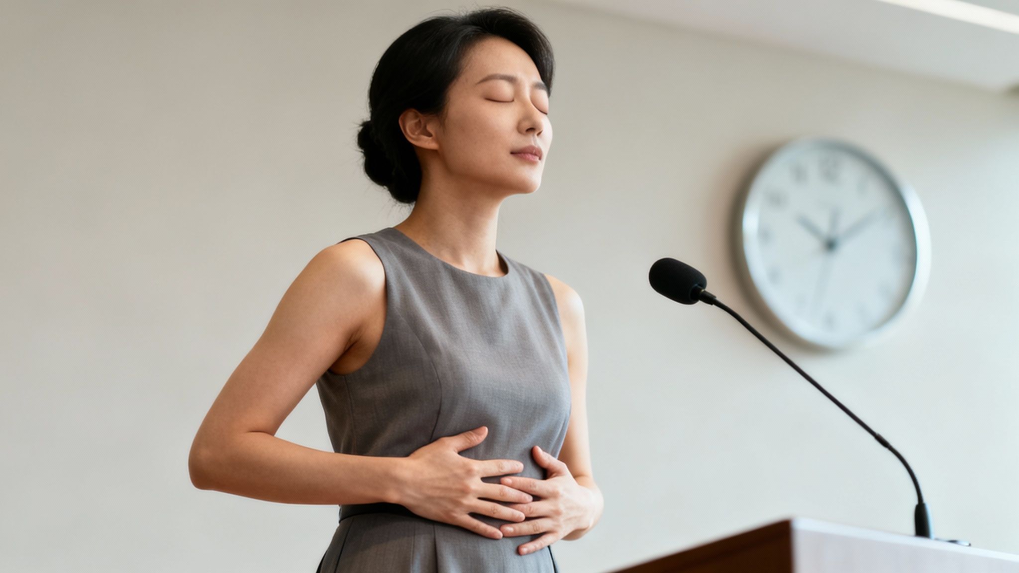 A woman practices deep breathing at a podium, calming nerves before public speaking.