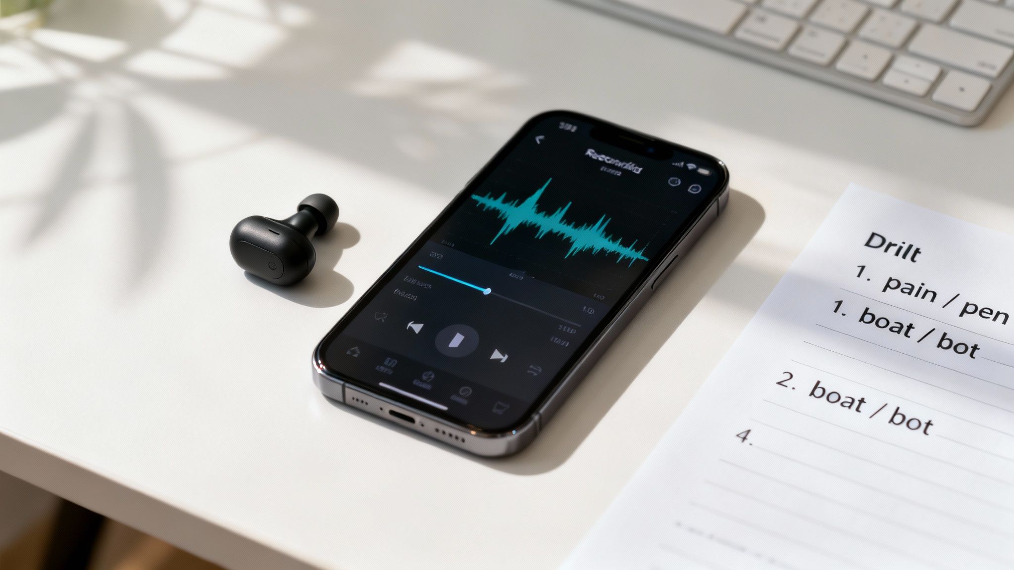 Smartphone with an audio waveform, a black earbud, and a language learning sheet on a white desk.
