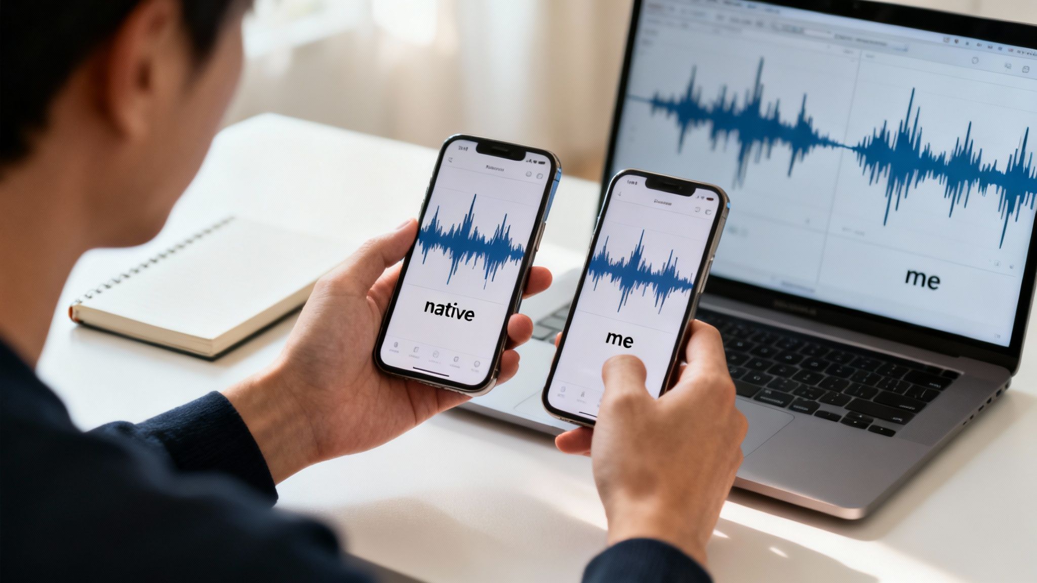 Person comparing voice recordings and pronunciation exercises on two phones and a laptop.