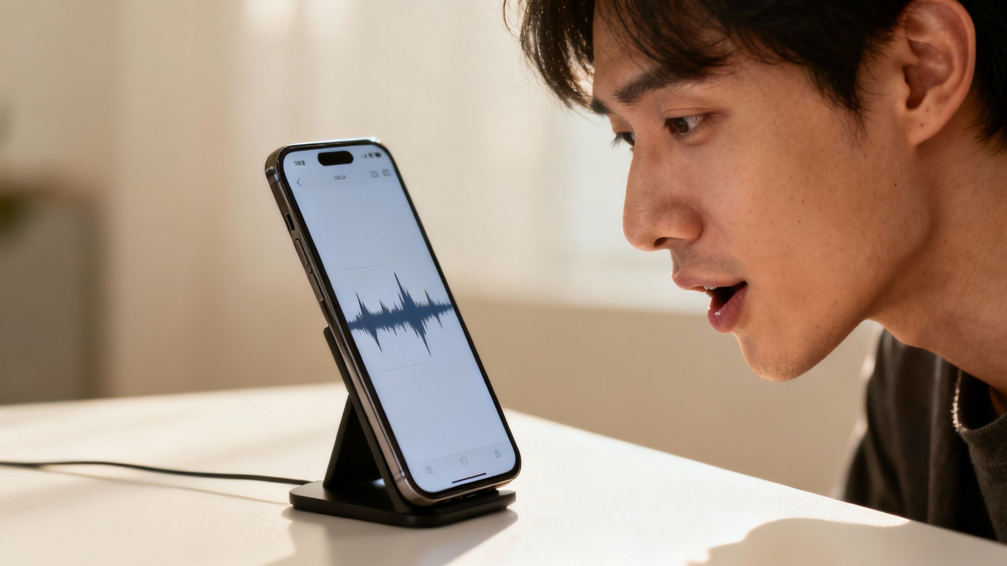 A man records his voice on a smartphone, observing the sound waves on the screen.