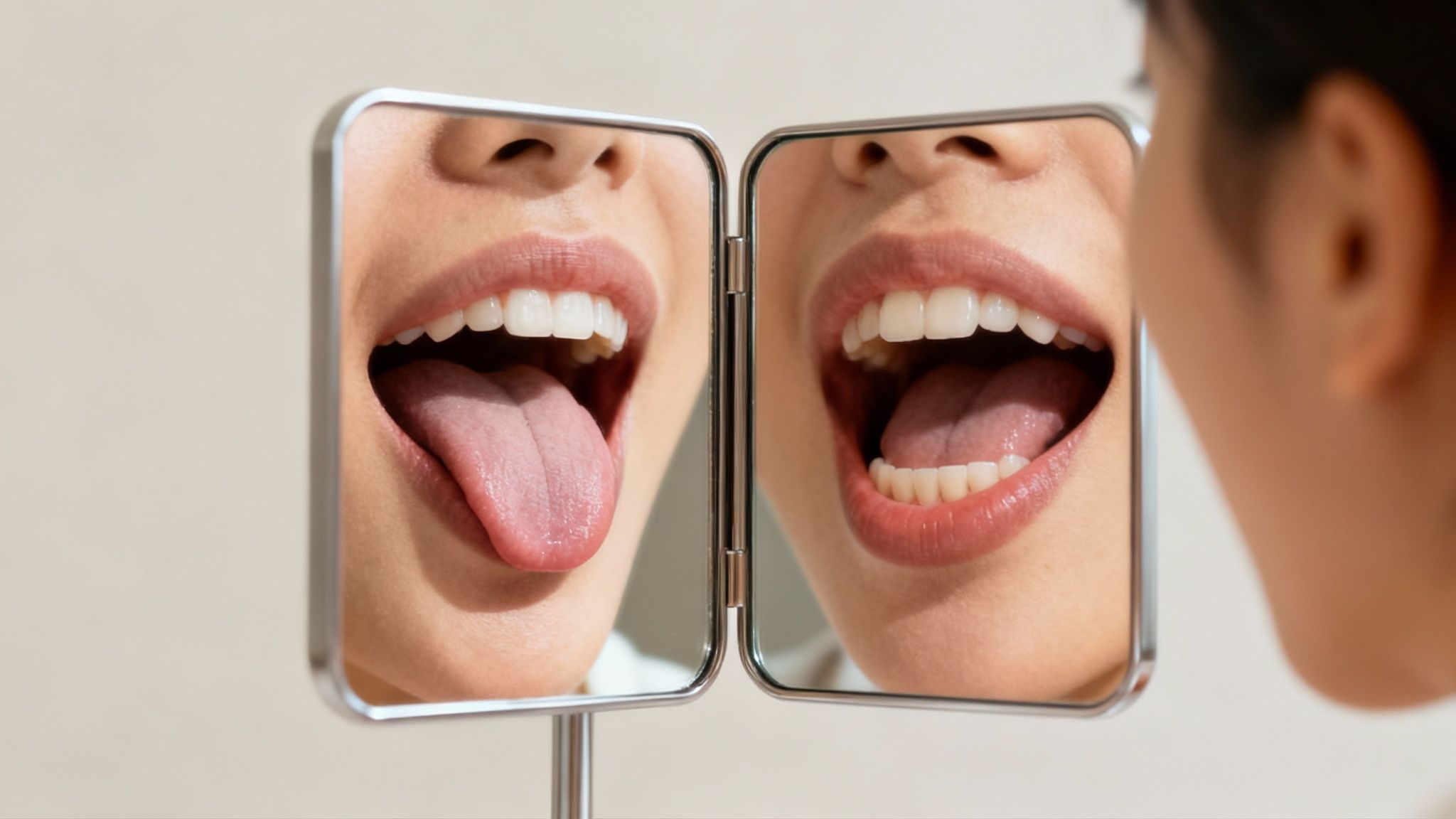 A person examining their mouth and extended tongue in a double-sided mirror for oral health.