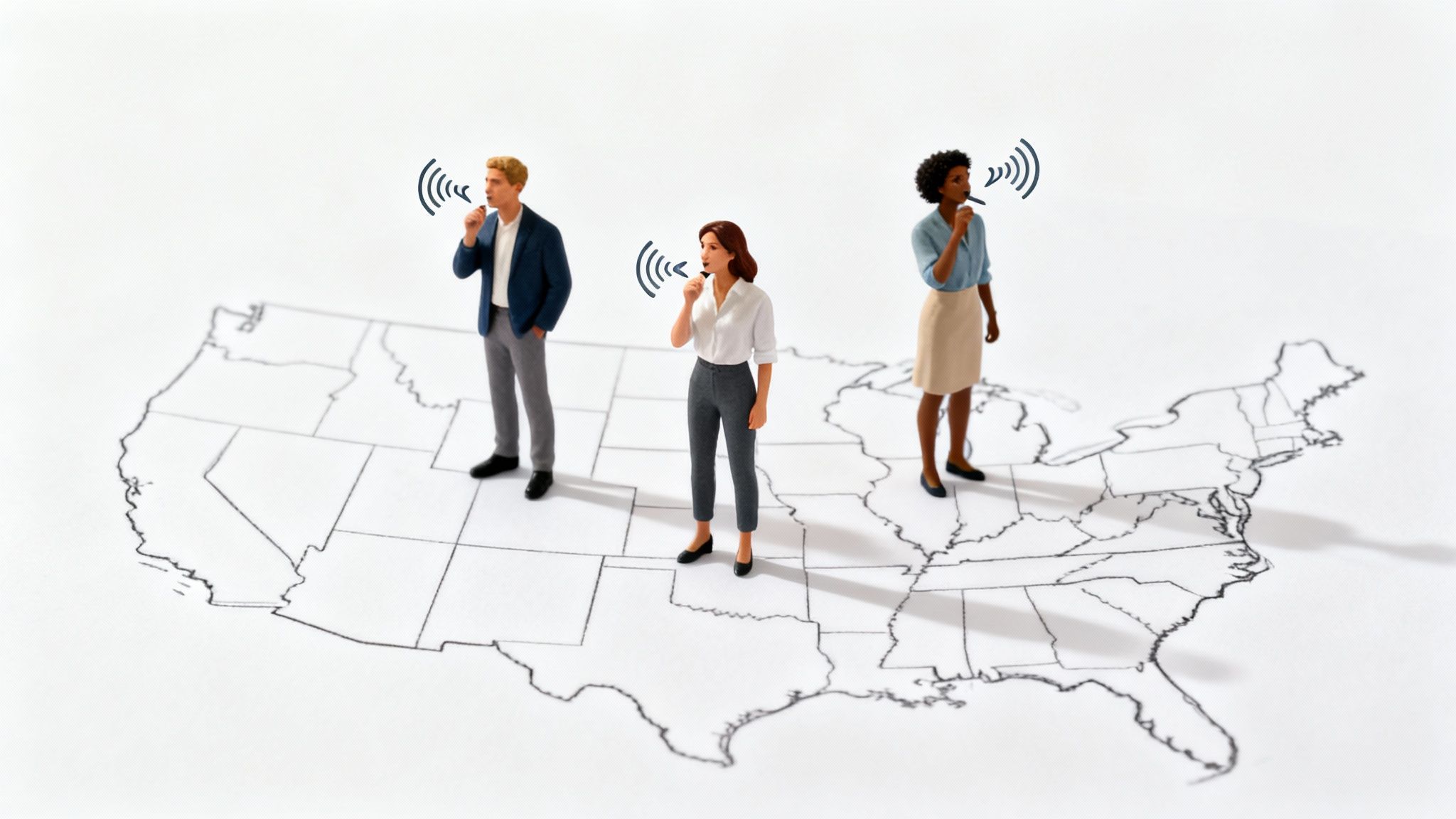 Miniature people on a US map with speech bubbles, representing communication across America.