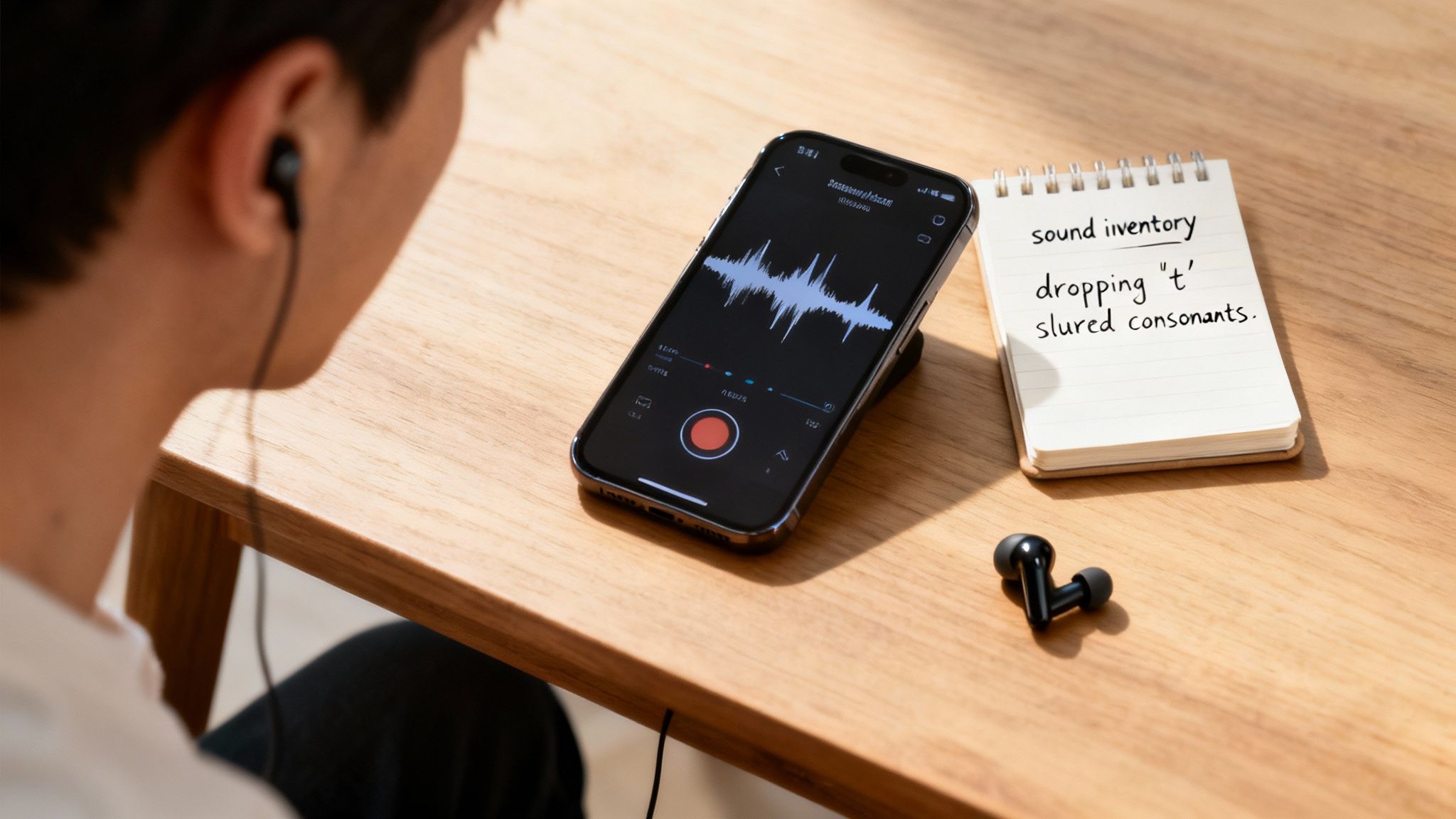 A person reviews a sound recording on a smartphone, with notes on speech issues like 'dropping t' and 'slurred consonants'.