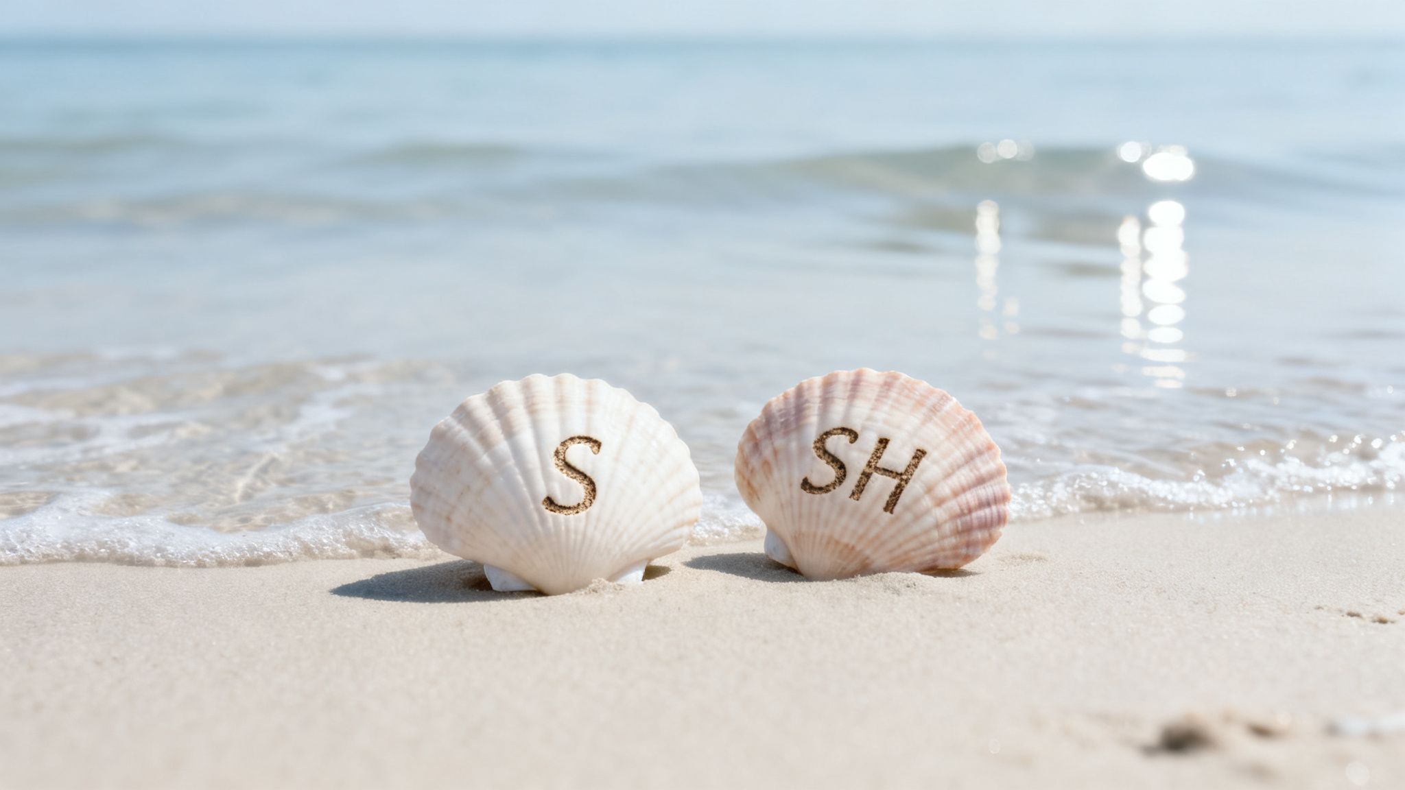 Two seashells, one with 'S' and one with 'SH', sit on a sandy beach by the ocean waves.