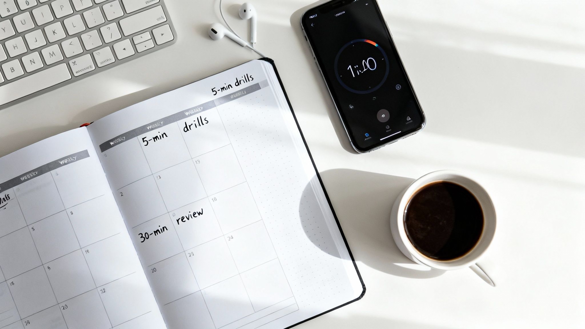 A top-down view of a desk with a planner, smartphone timer, keyboard, earbuds, and coffee.
