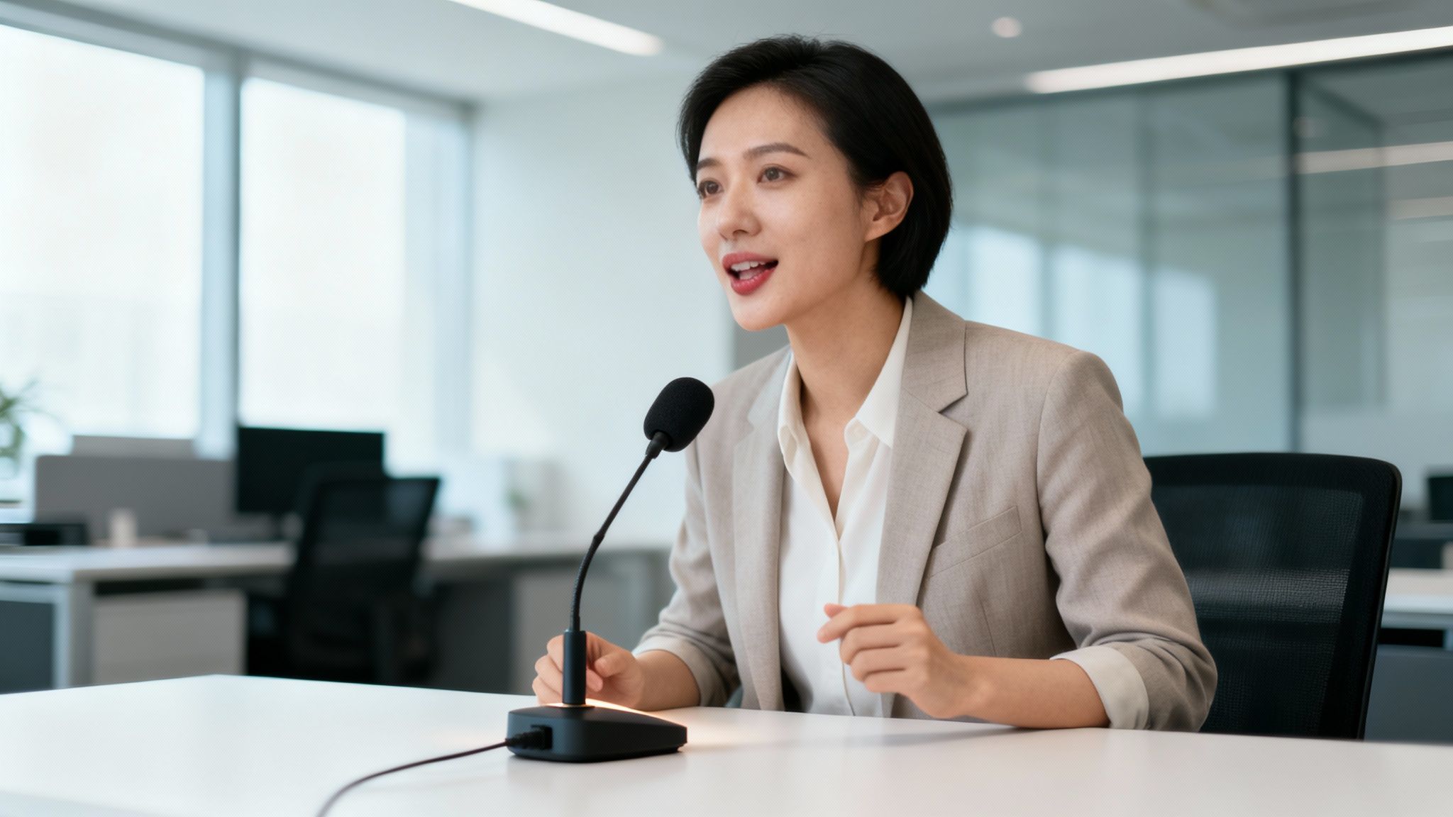 An East Asian woman speaks into a microphone at a desk in a modern office.