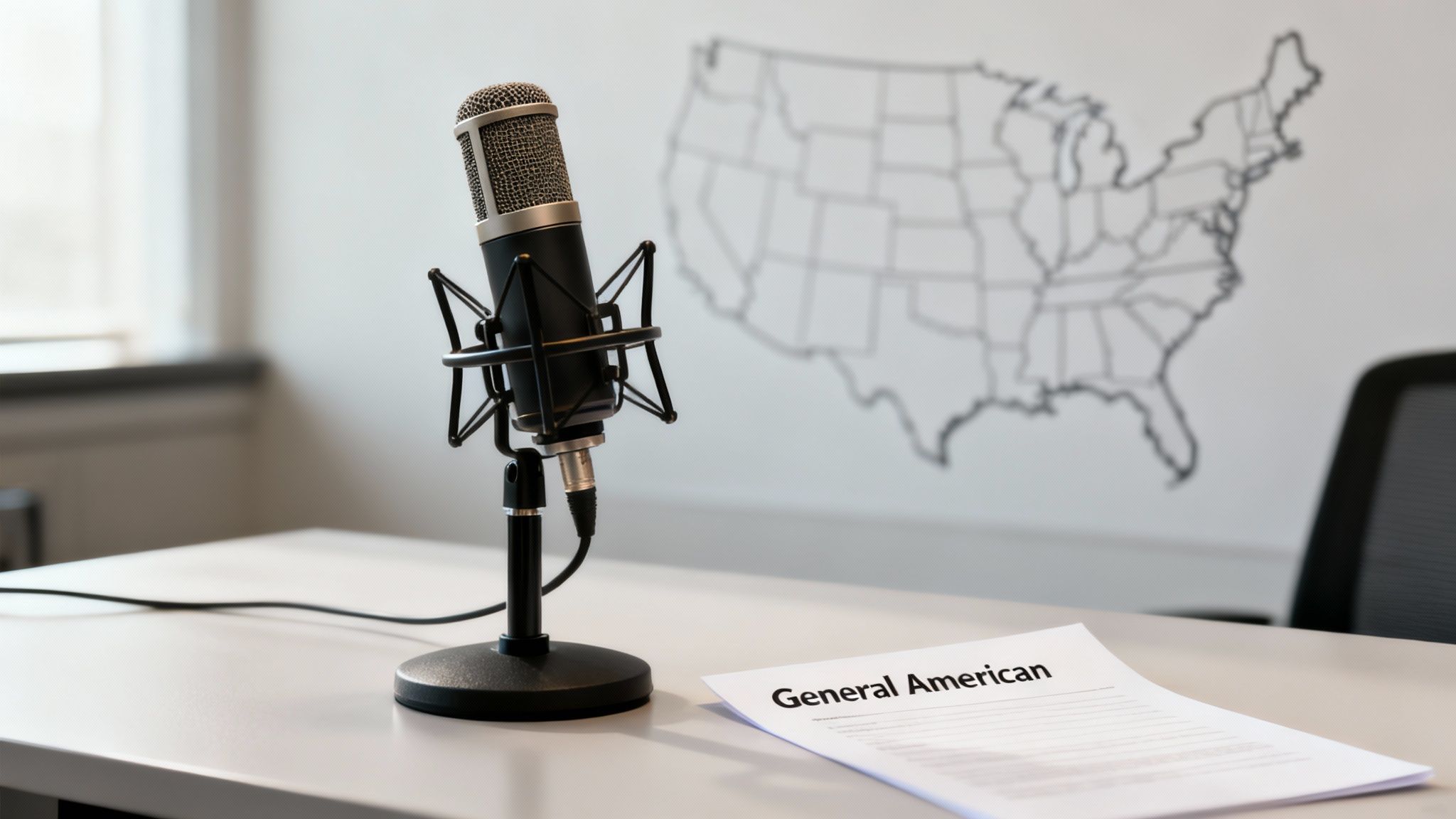 A professional podcast microphone on a desk next to a paper titled 'General American', with a US map in the background.