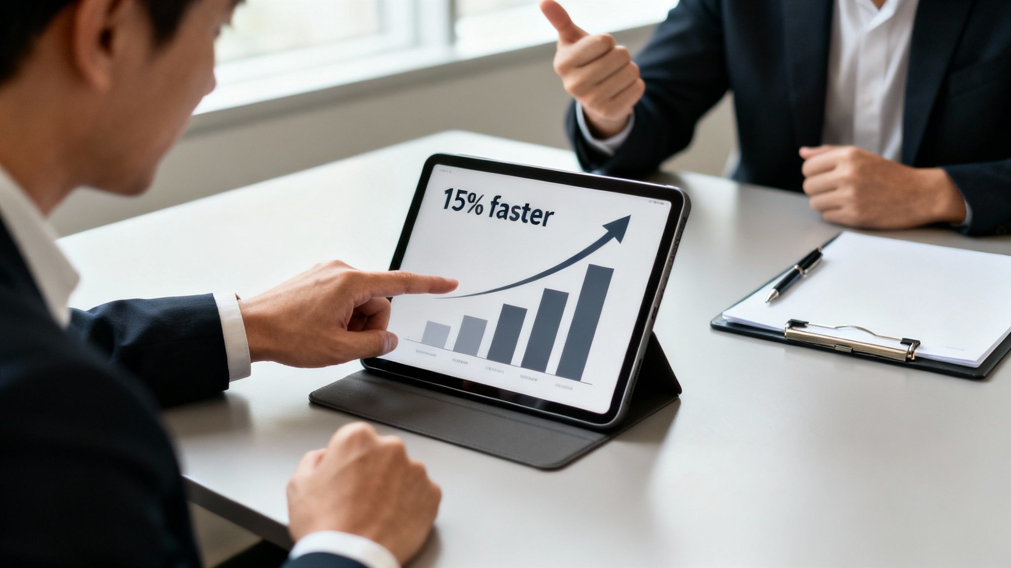 Two business professionals review a performance chart on a tablet showing a 15% faster increase.