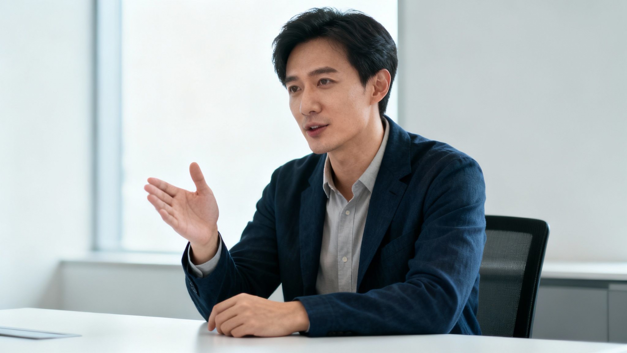 An East Asian man in a dark blue suit jacket sits at a white desk, gesturing while talking in an office.