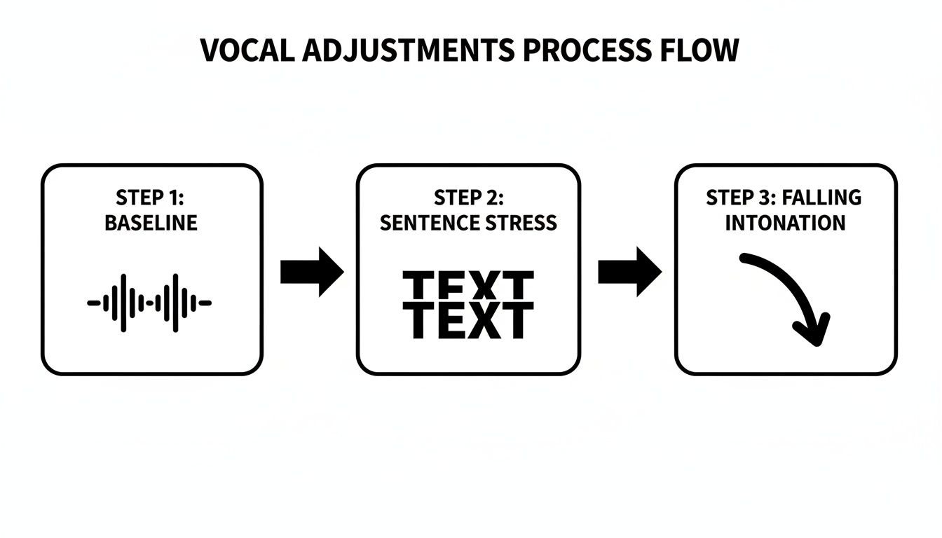 Flow chart illustrating a three-step vocal adjustments process: baseline, sentence stress, and falling intonation.