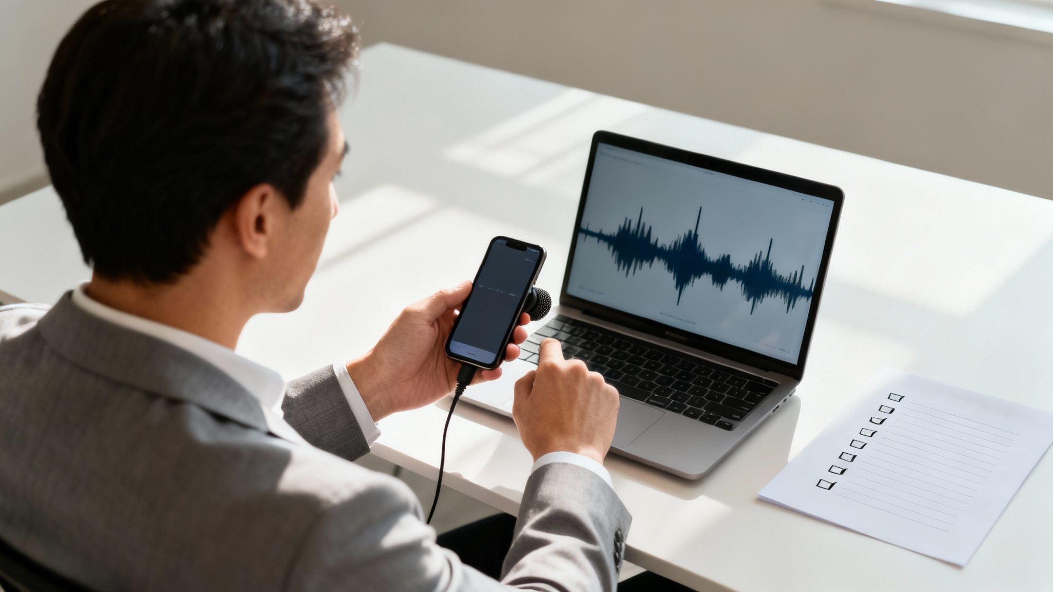Overhead view of a man recording audio with a smartphone microphone, laptop showing a waveform.