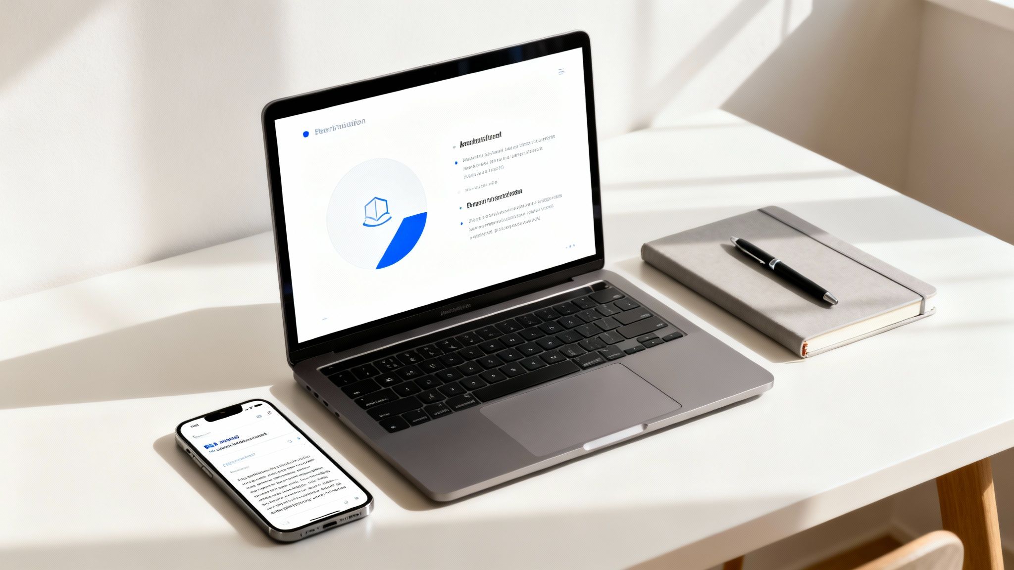 A sleek modern workspace featuring a laptop, smartphone, notebook, and pen on a clean white desk.