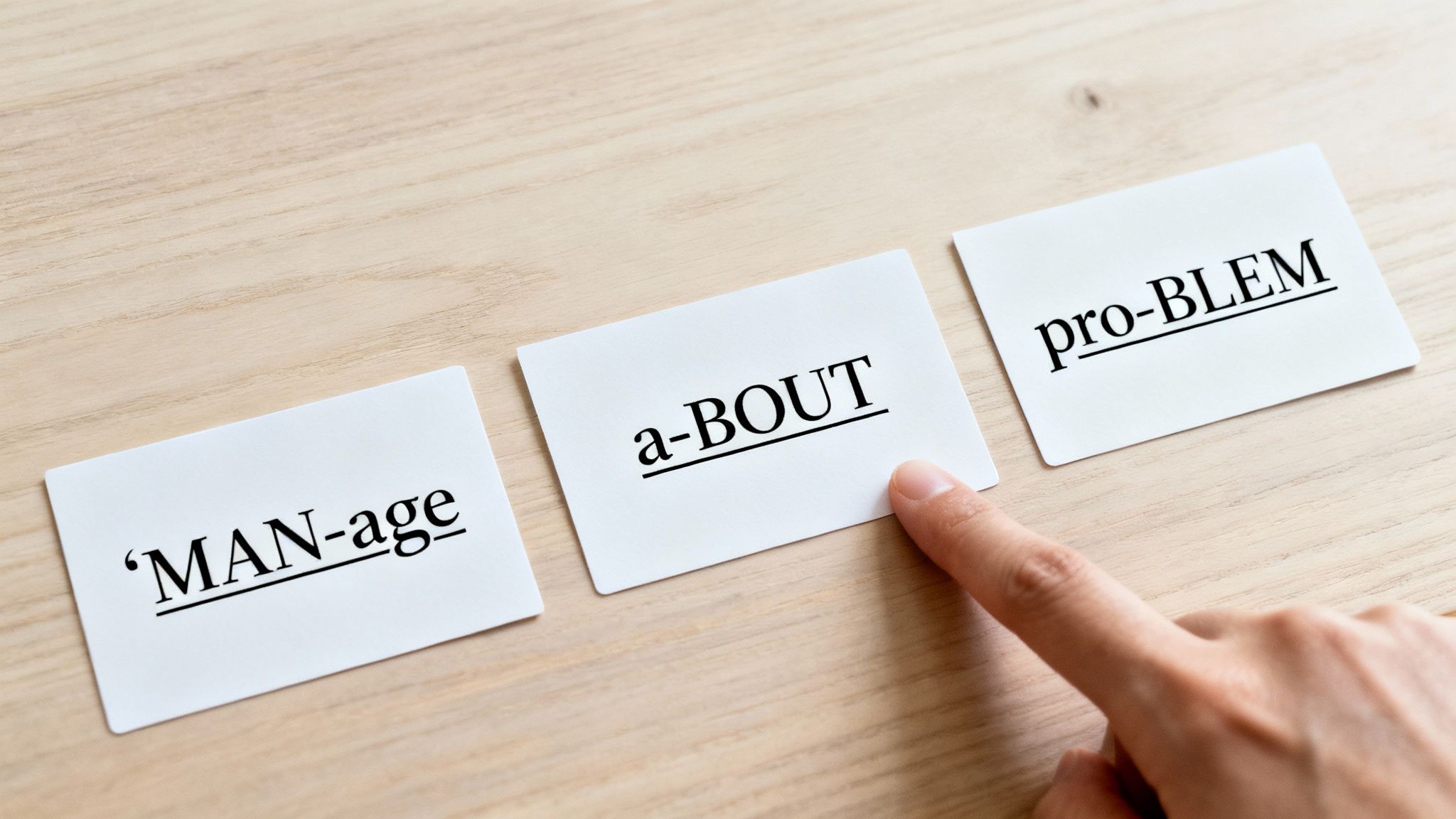 A hand points to cards showing 'MAN-age', 'a-BOUT', 'pro-BLEM' with unstressed syllables underlined.