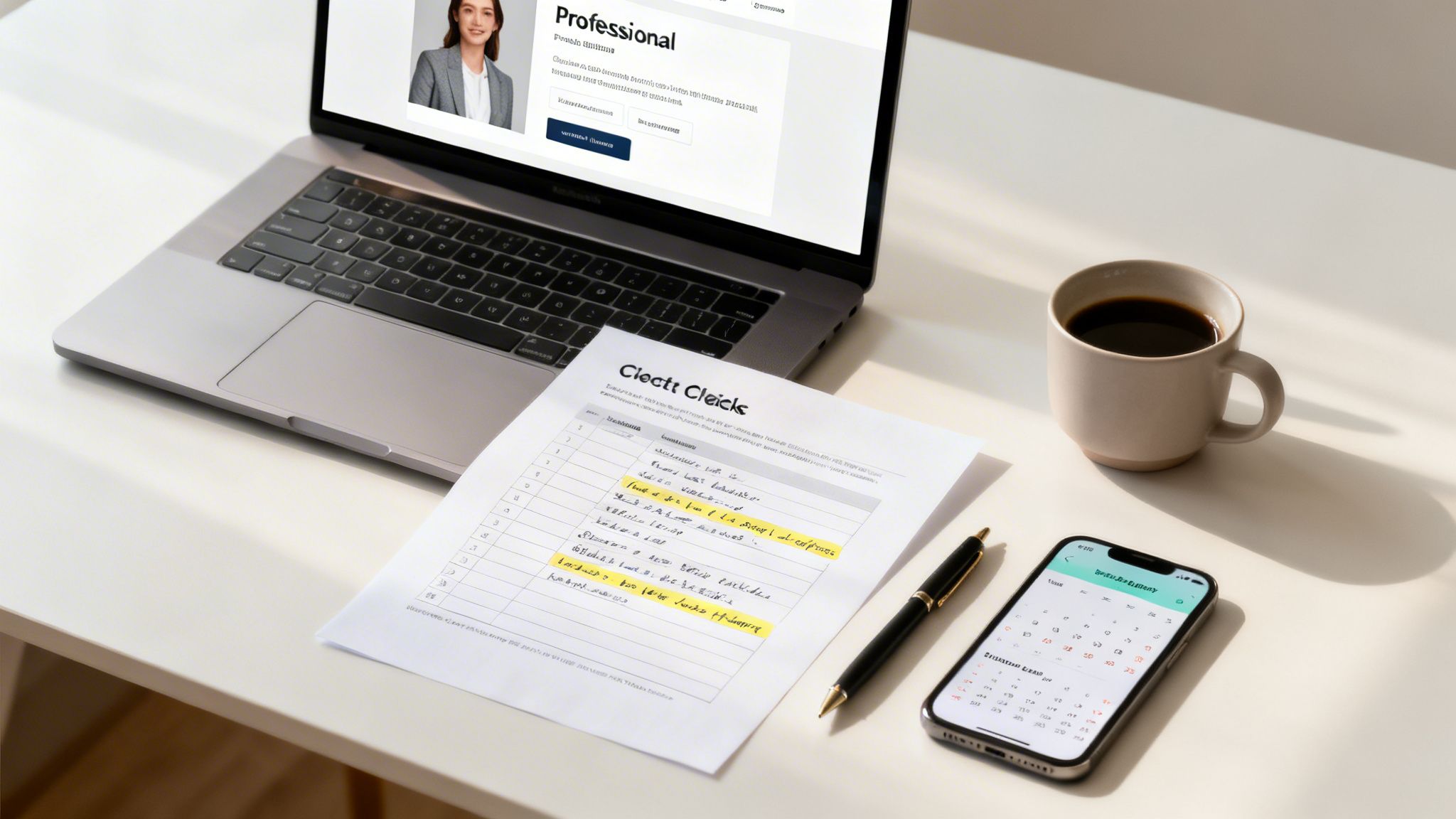 A well-lit modern workspace featuring a laptop, a document, a pen, a smartphone, and a coffee mug.