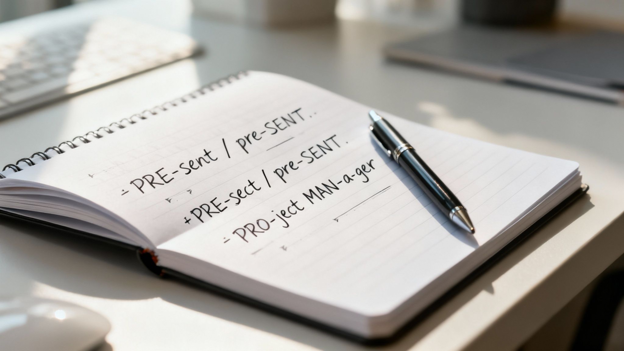 Close-up of a notebook with pronunciation notes for 'present' and 'project manager', with a pen.