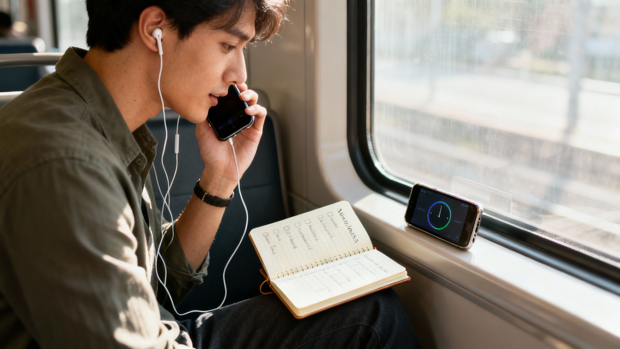 Young man talking on a smartphone with earphones and writing in a notebook on a train.