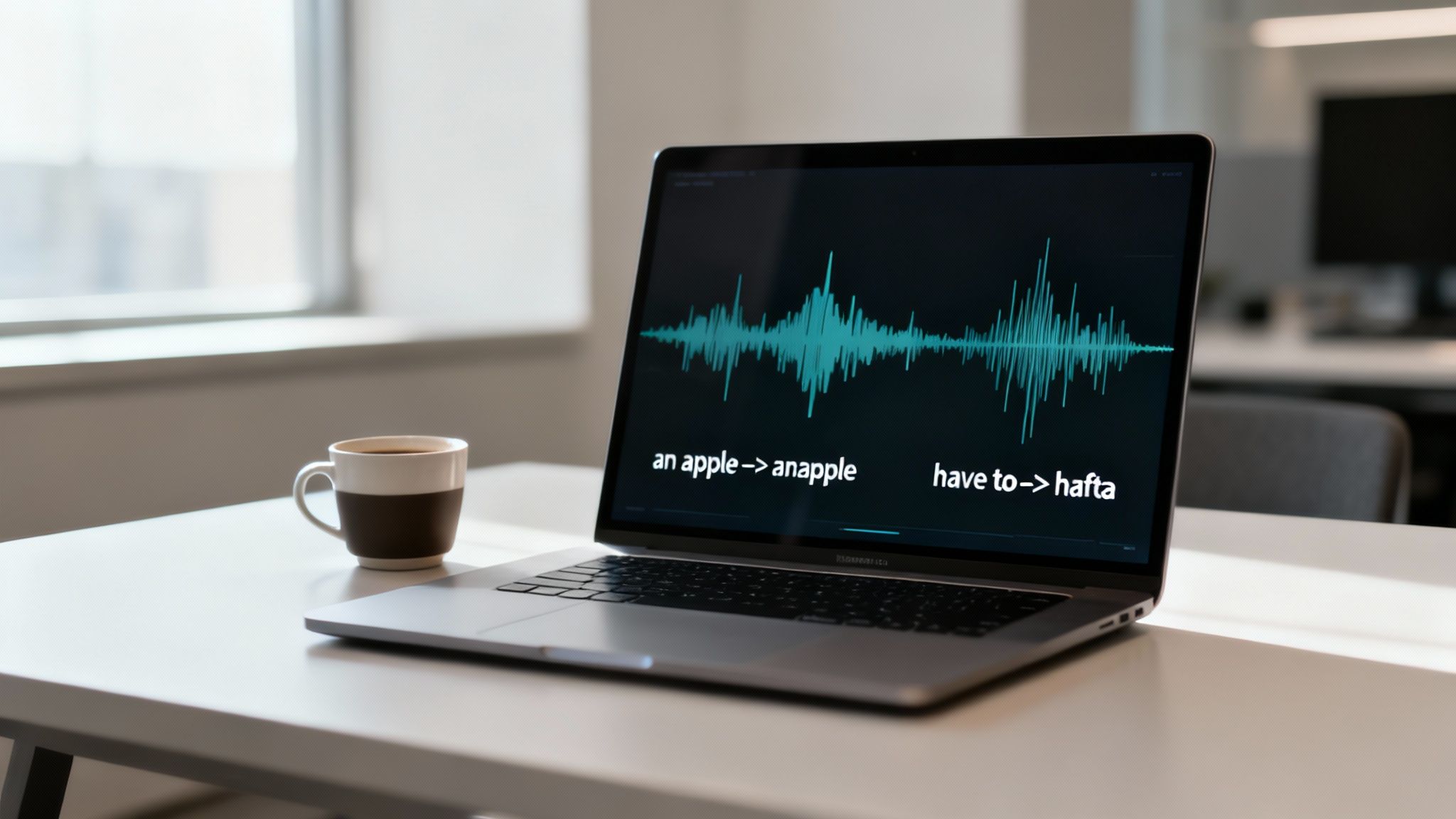 A laptop on a white desk displays an audio waveform and pronunciation examples like 'have to -> hafta', with a coffee cup nearby.