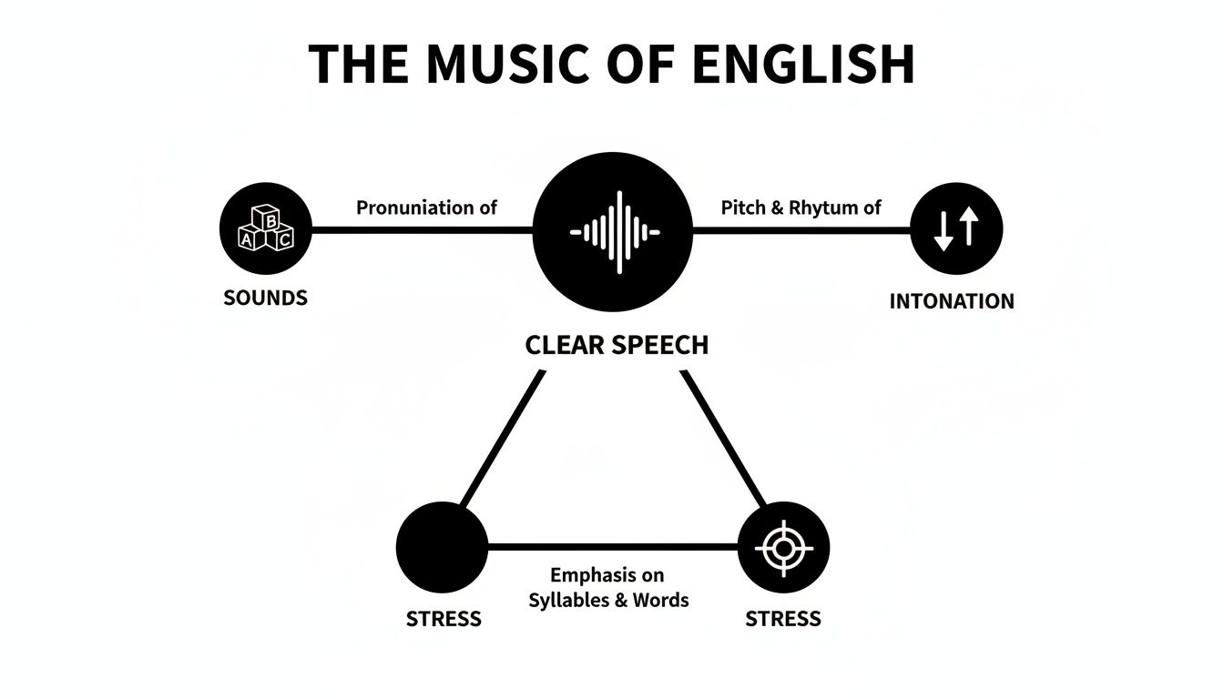 Diagram showing the components of clear English speech: sounds, intonation, and stress.