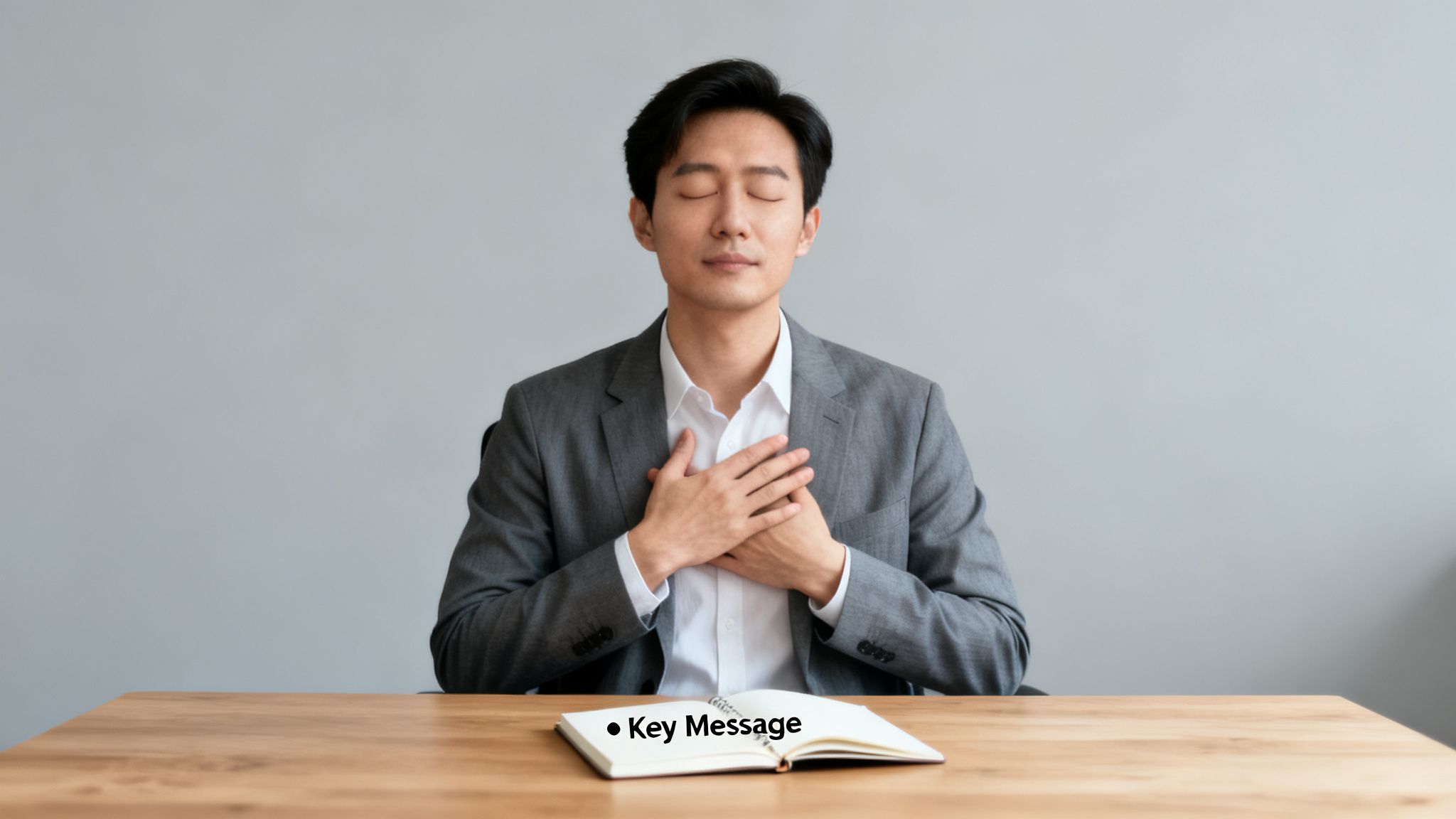 A man in a suit meditates at a desk with an open notebook, hands over his heart.
