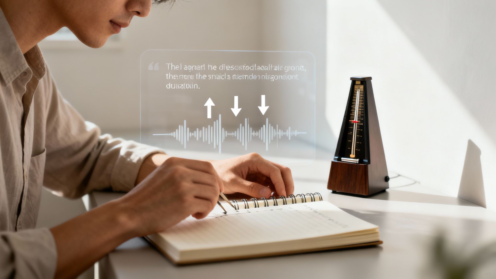 A person studies with a holographic display showing sound waves and text, writing notes in a notebook, with a metronome.