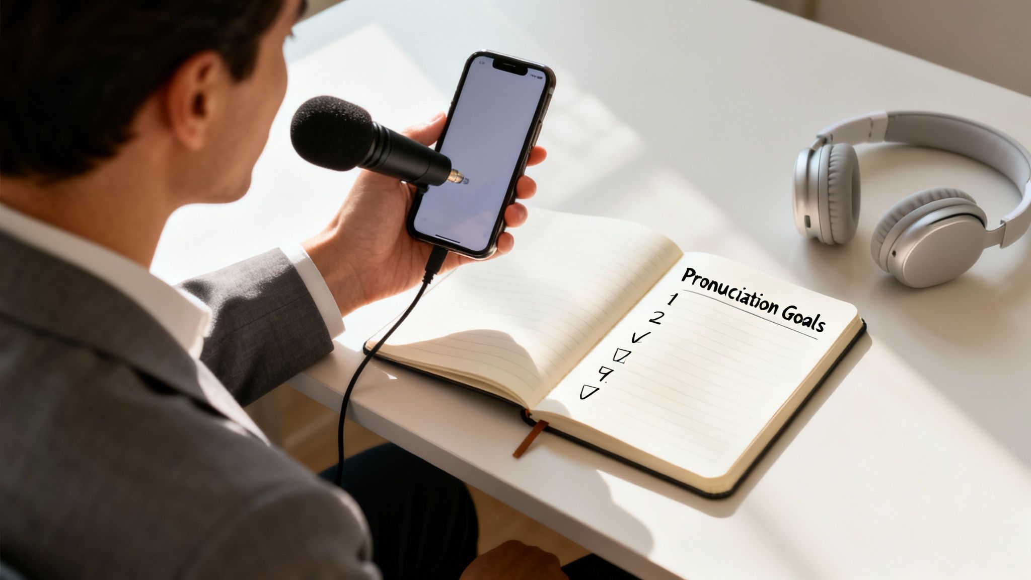 A person holding a microphone and smartphone next to a notebook with "Pronunciation Goals".