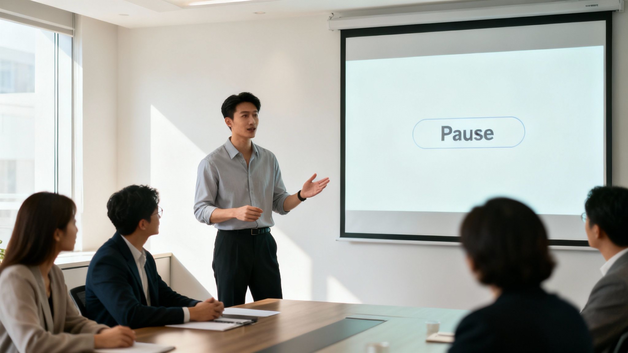 A young man presents a 'Pause' slide to attentive colleagues in a modern meeting room.