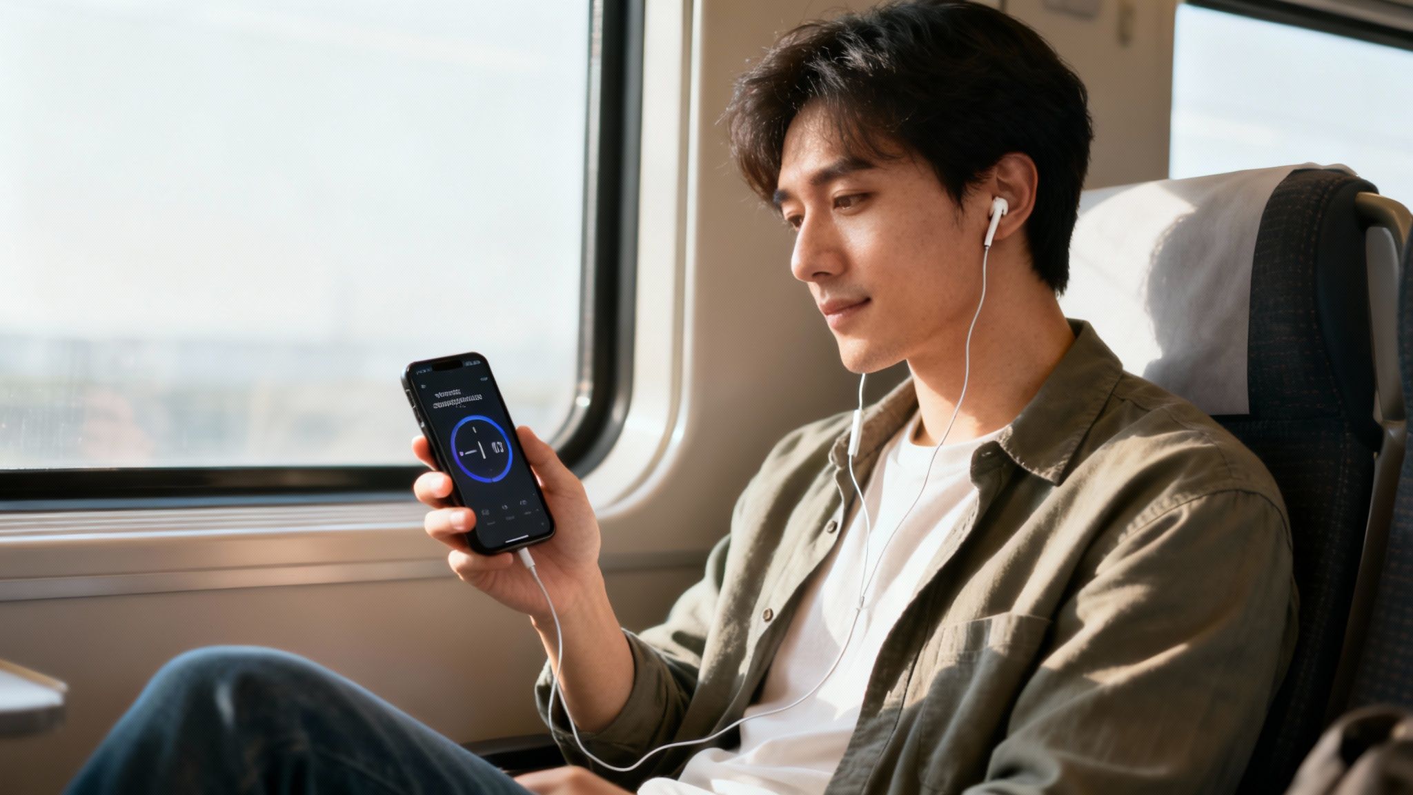 Young man on a train listening to music with wired earphones and looking at his smartphone.