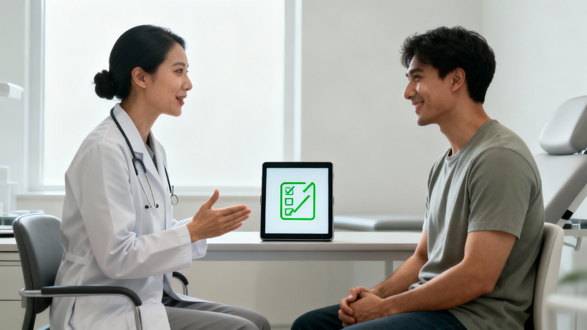 Asian doctor shows a digital checklist on a tablet to a smiling male patient during a consultation.