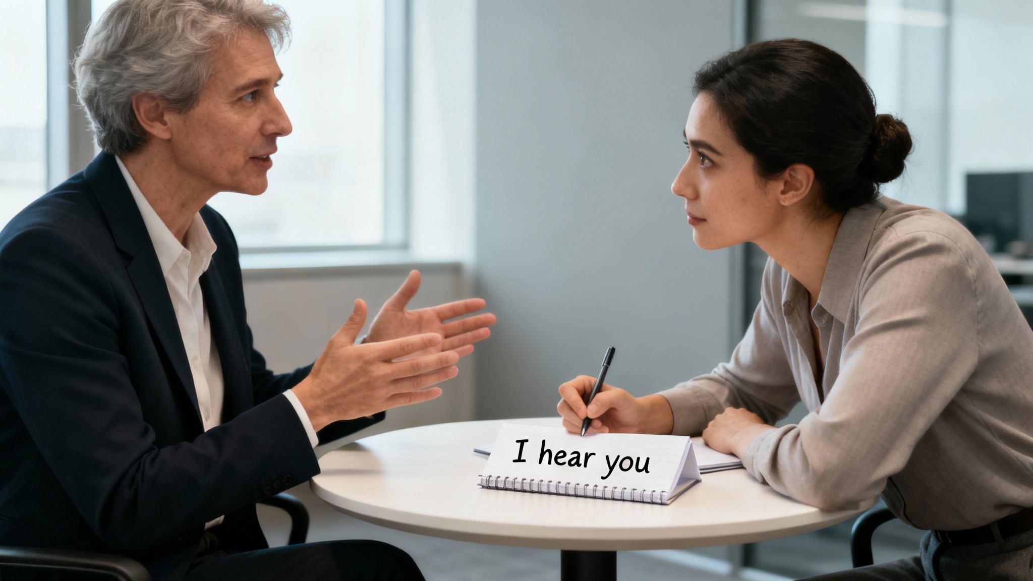 Two professionals conversing in an office; one speaks, the other writes 'I hear you' in a notebook.