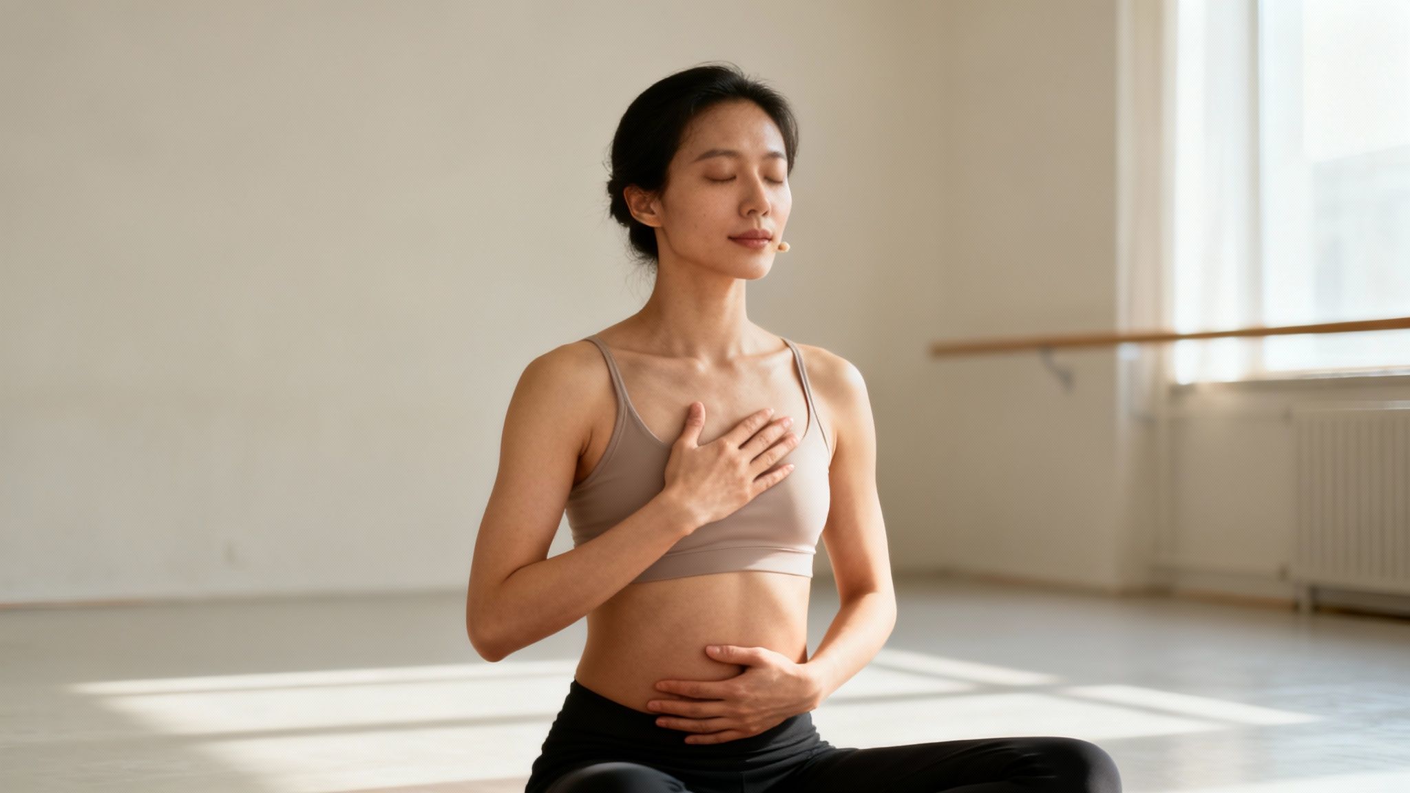 Serene woman meditating with hands on chest and belly in a bright yoga studio.