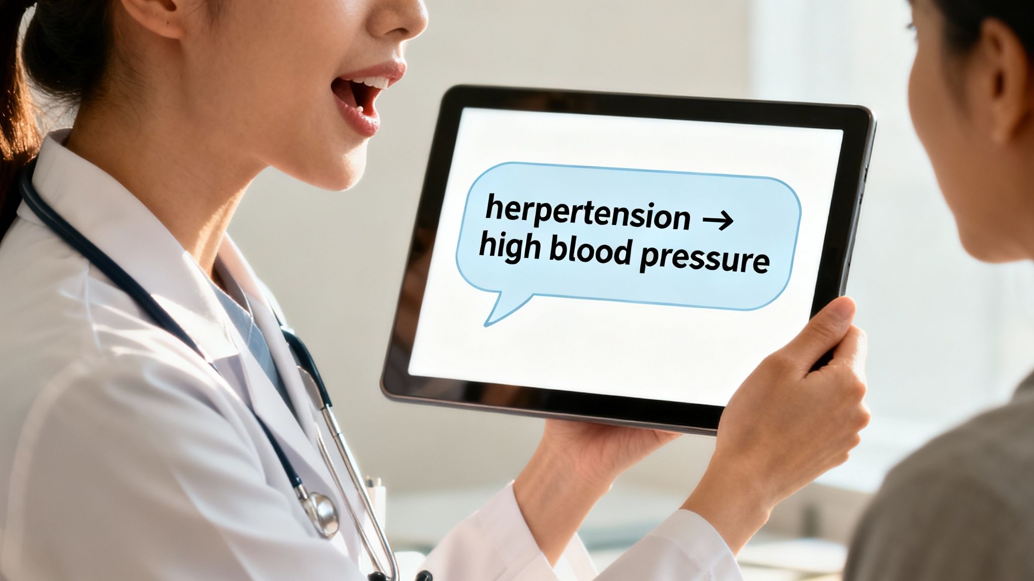 A doctor explains 'herpertension' as 'high blood pressure' on a tablet to a patient.