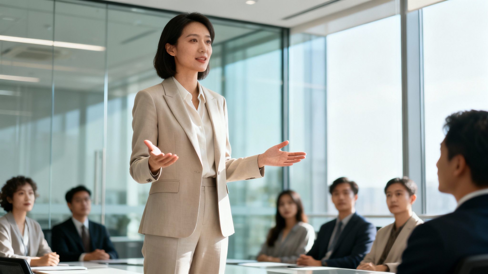 A confident businesswoman in a beige suit presents to colleagues in a modern office meeting room.