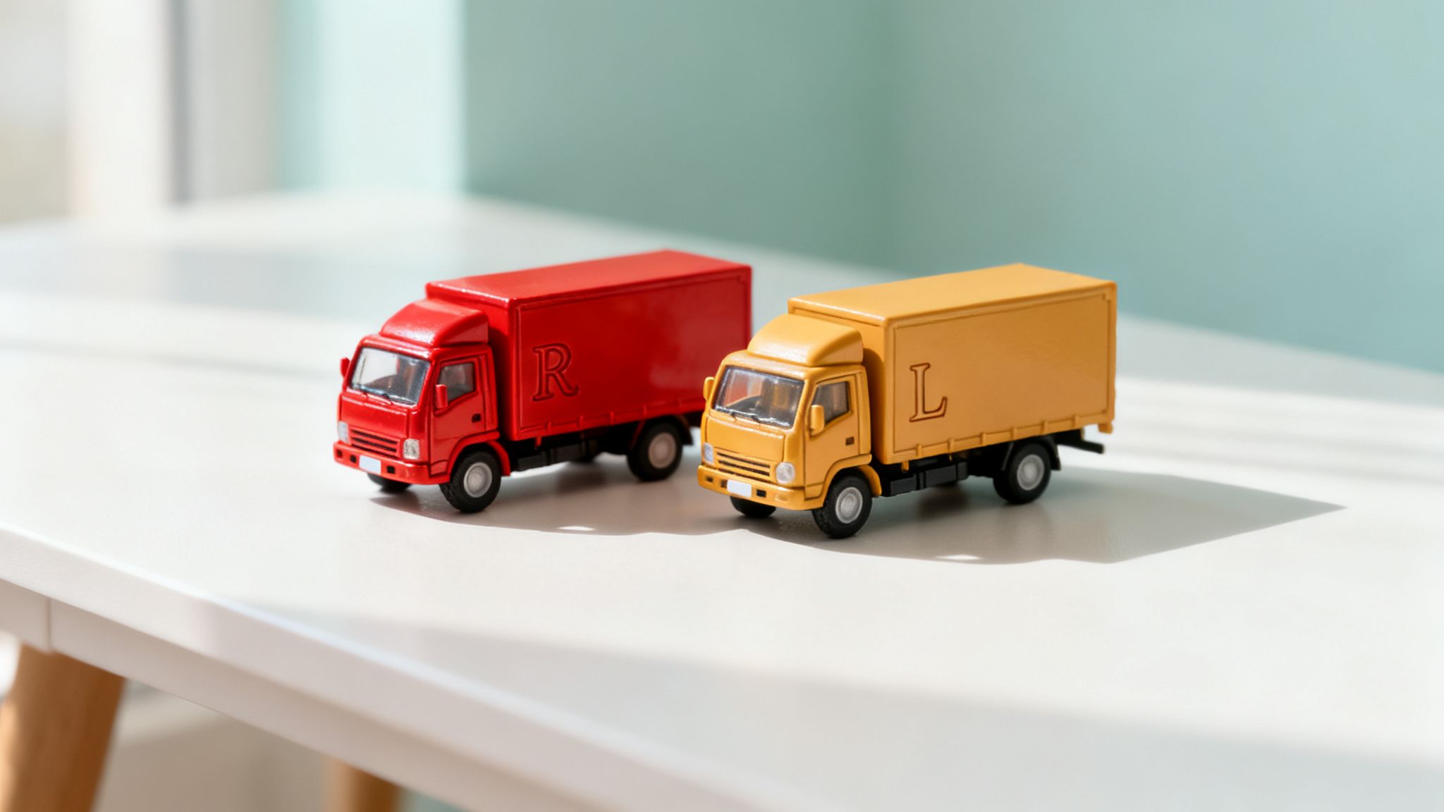Two toy delivery trucks, one red with 'R' and one yellow with 'L', on a white surface.