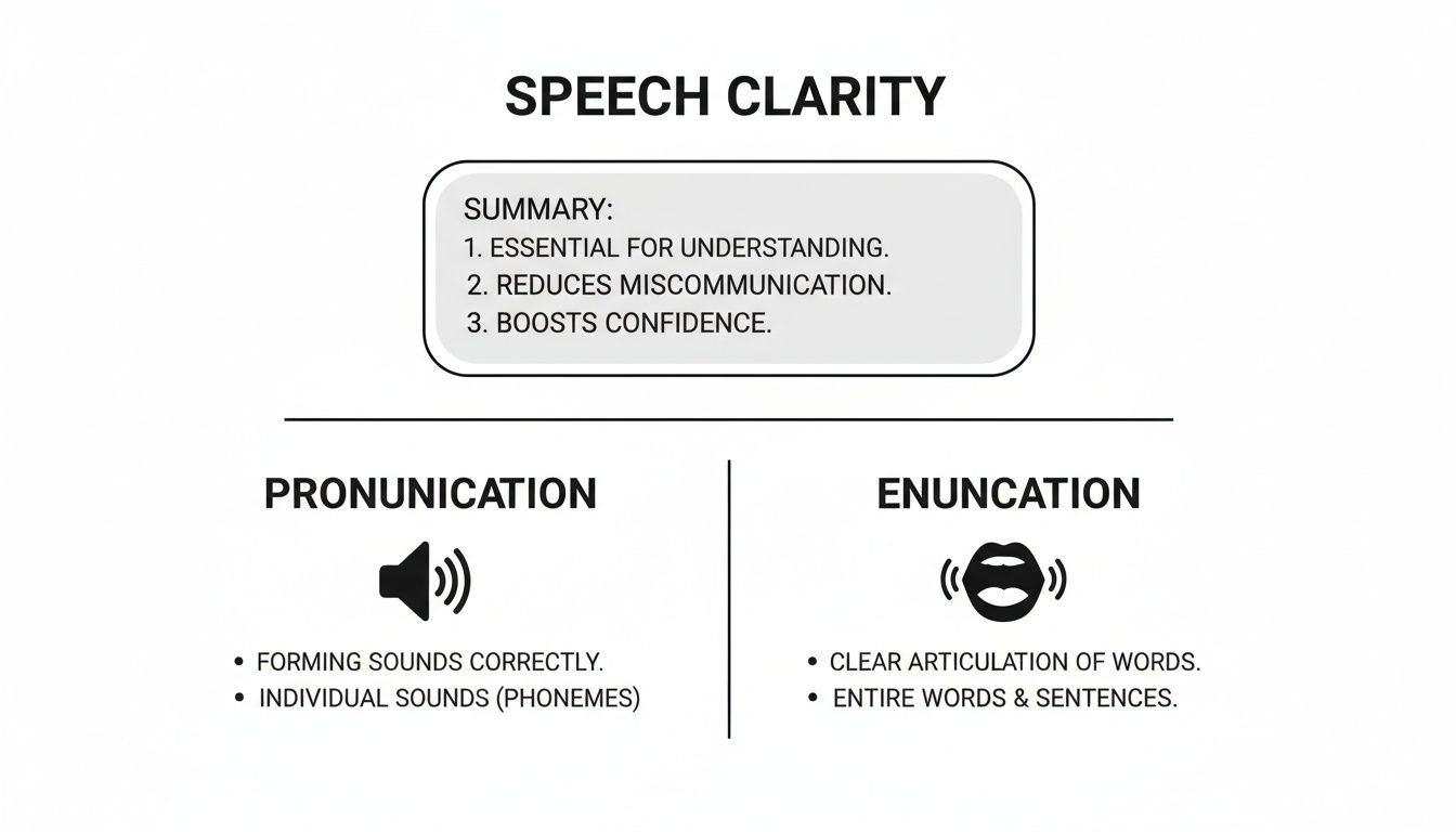 An infographic defining speech clarity, detailing the differences between pronunciation and enunciation for better understanding.