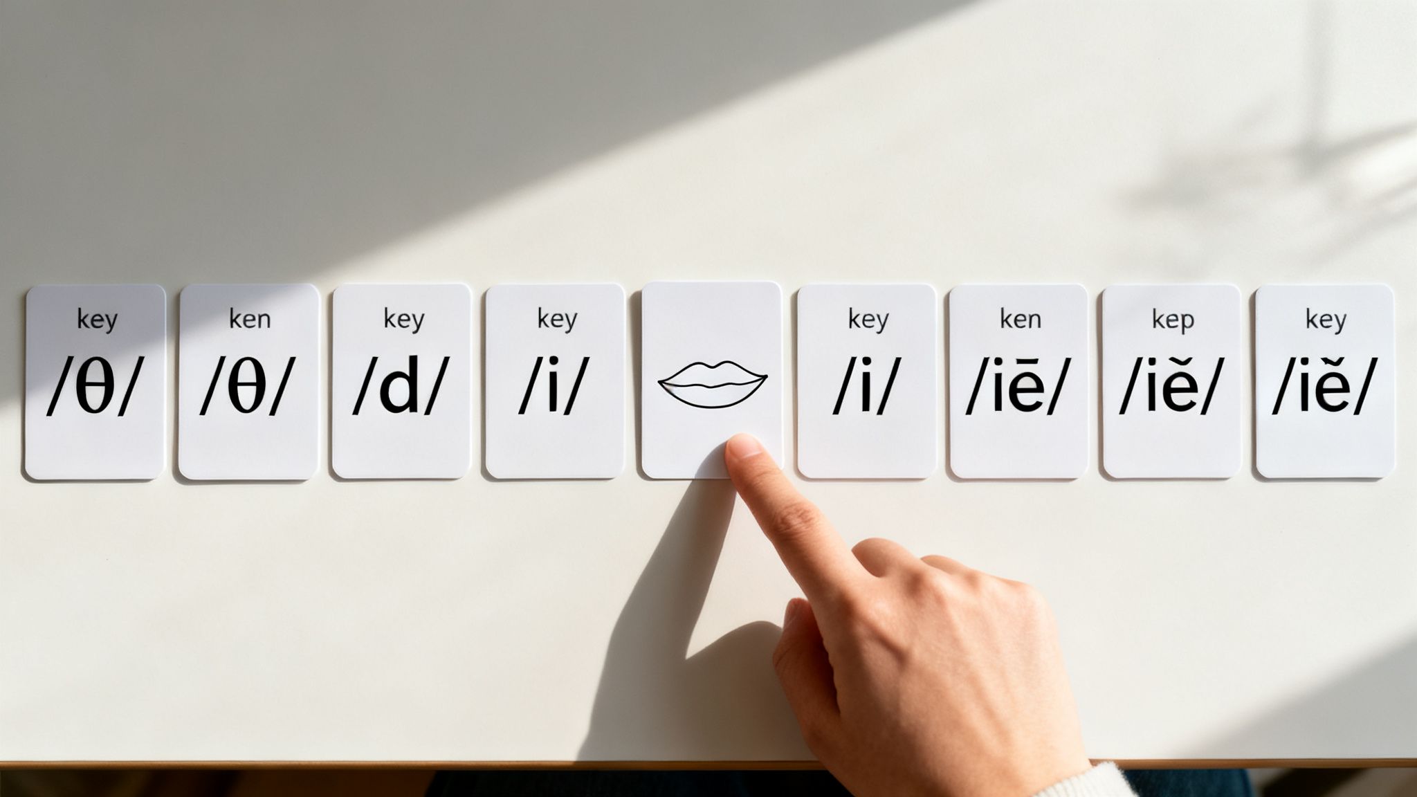 A hand points at a card with a lips illustration amidst other phonetic symbol cards for pronunciation learning.