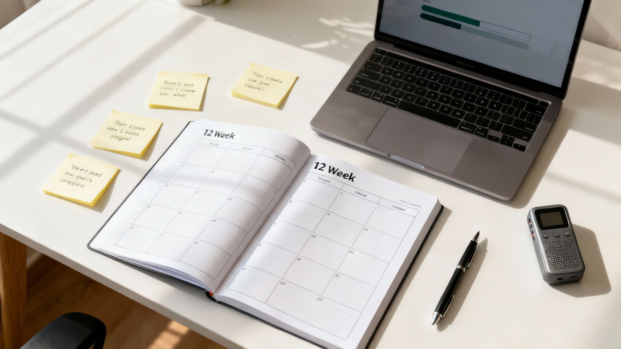 Bright, organized workspace with a laptop, open planner, sticky notes, pen, and voice recorder.