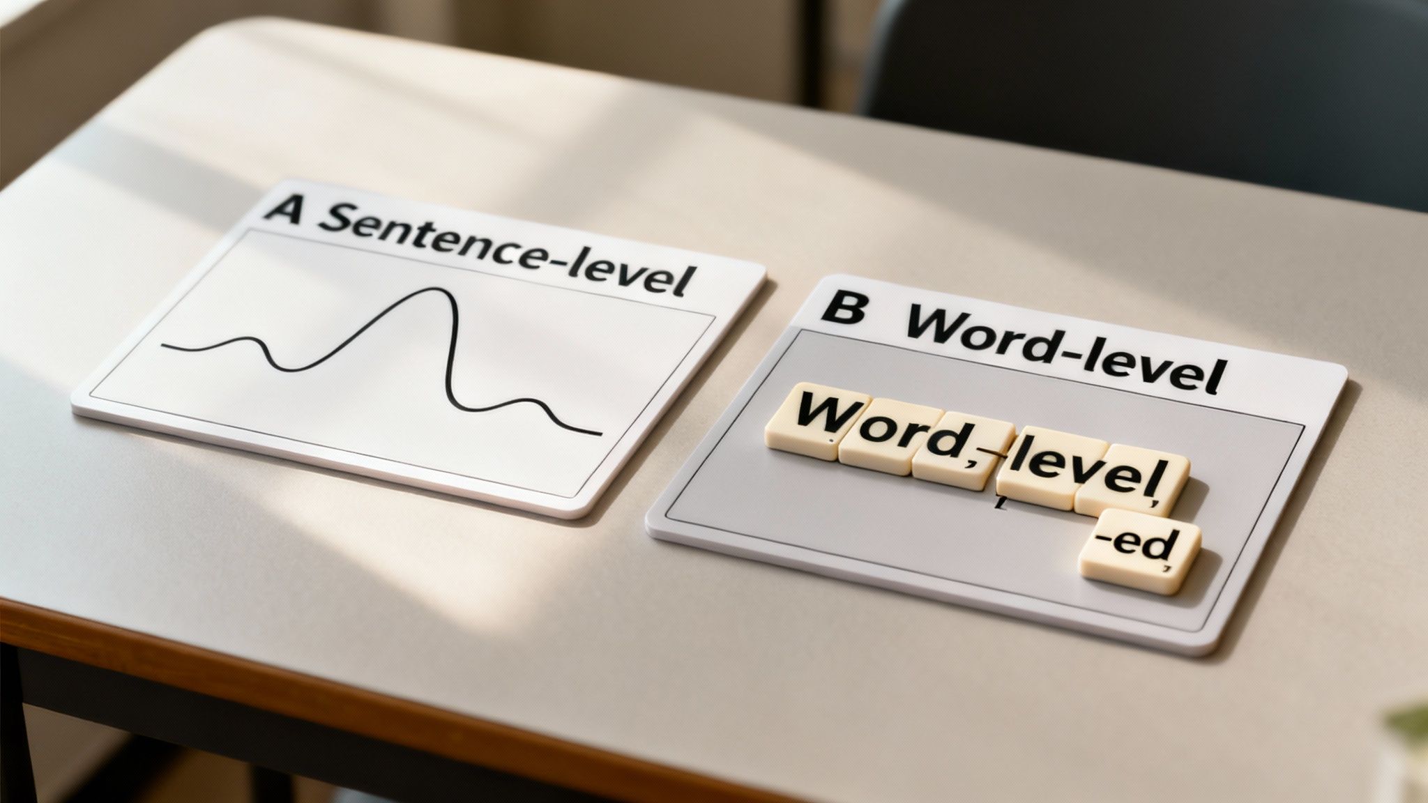 Two cards on a table illustrate sentence-level intonation with a graph and word-level inflection with letter tiles.