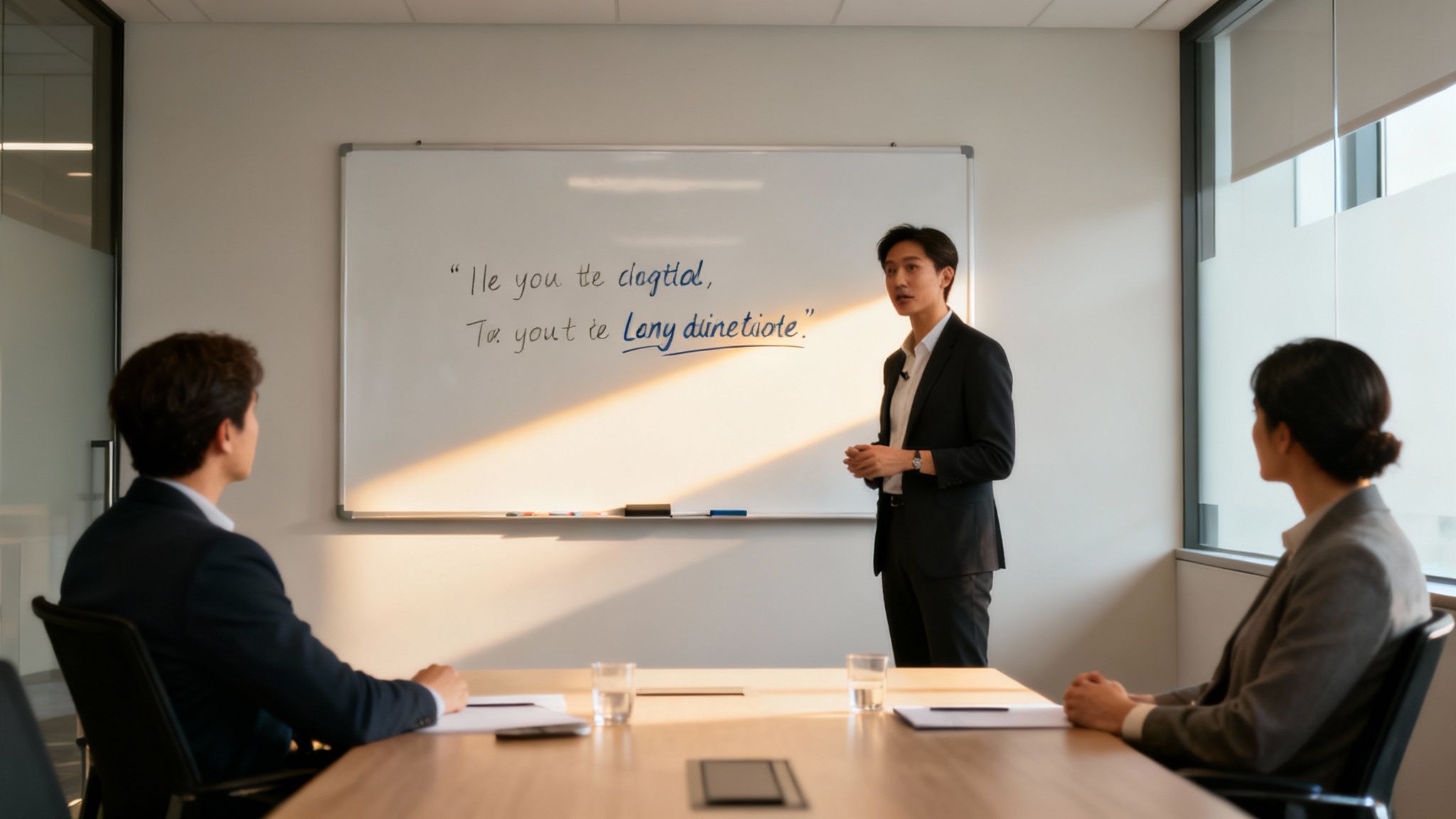 Man presenting on a whiteboard to two people in a sunlit modern meeting room.