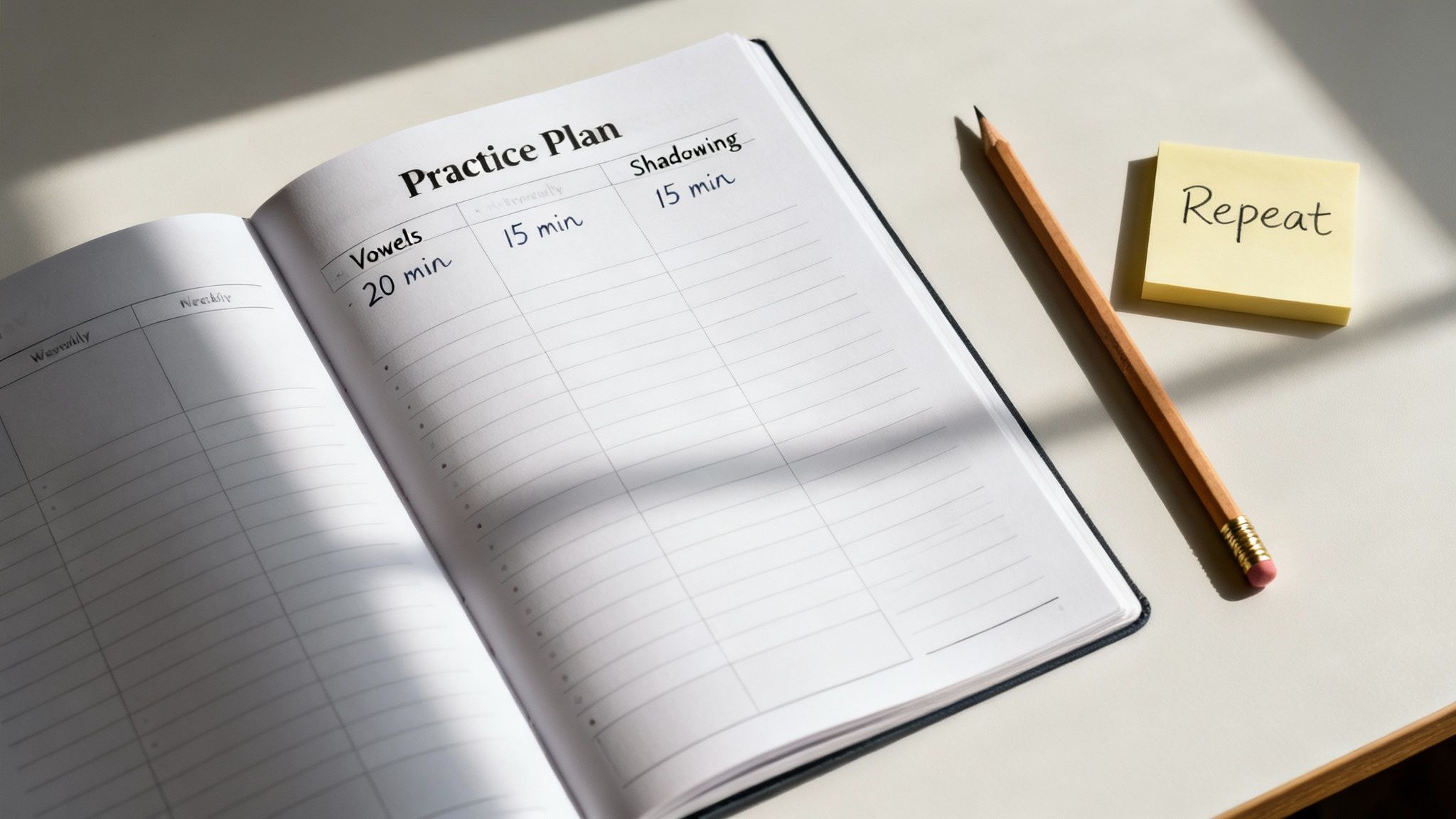 An open 'Practice Plan' notebook shows 'Vowels' and 'Shadowing' tasks, with a pencil and 'Repeat' sticky note.